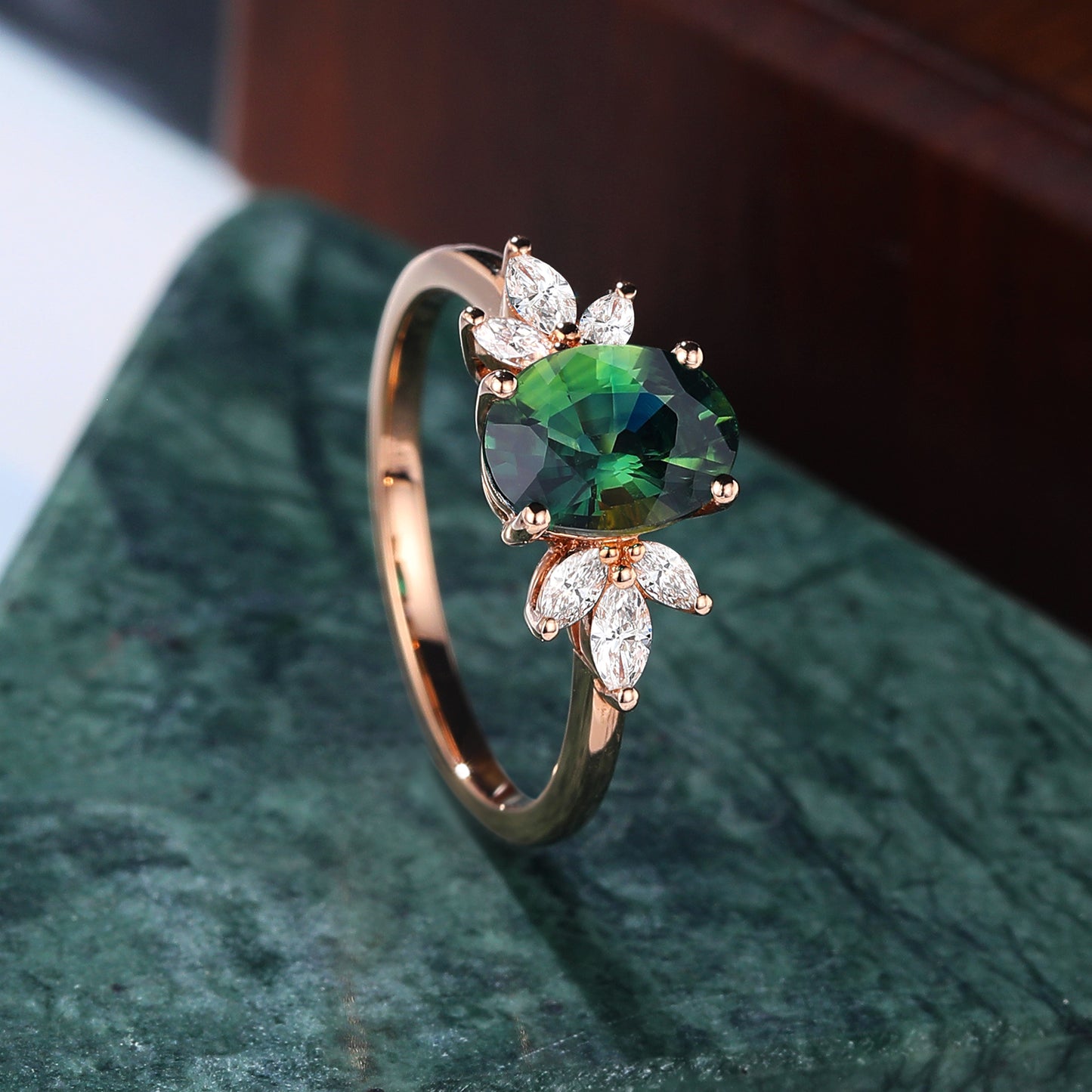 1.0CT Oval cut Green Blue Sapphire rose gold engagement Ring.