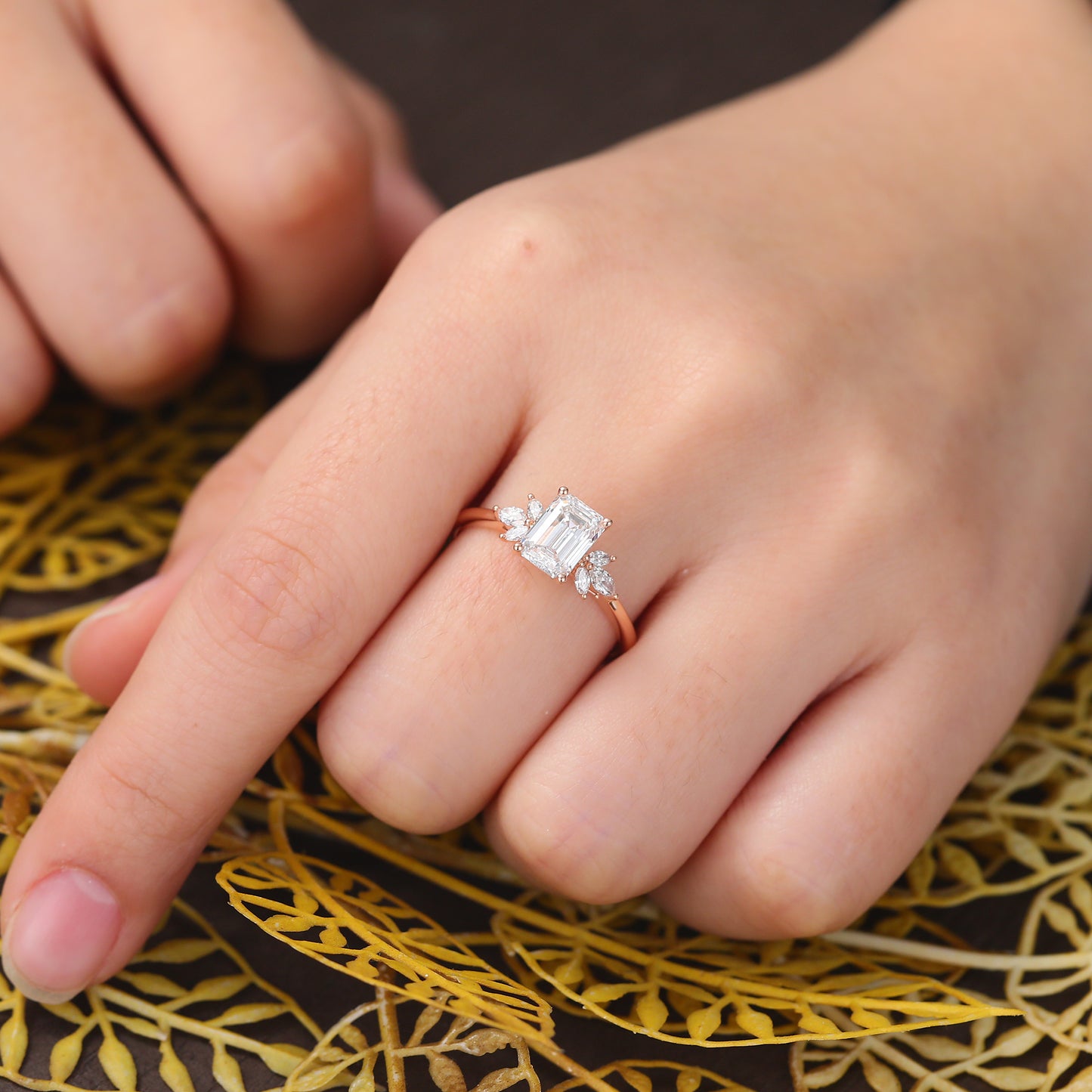 1.7ct Emerald cut Lab grown diamond rose gold engagement Ring.