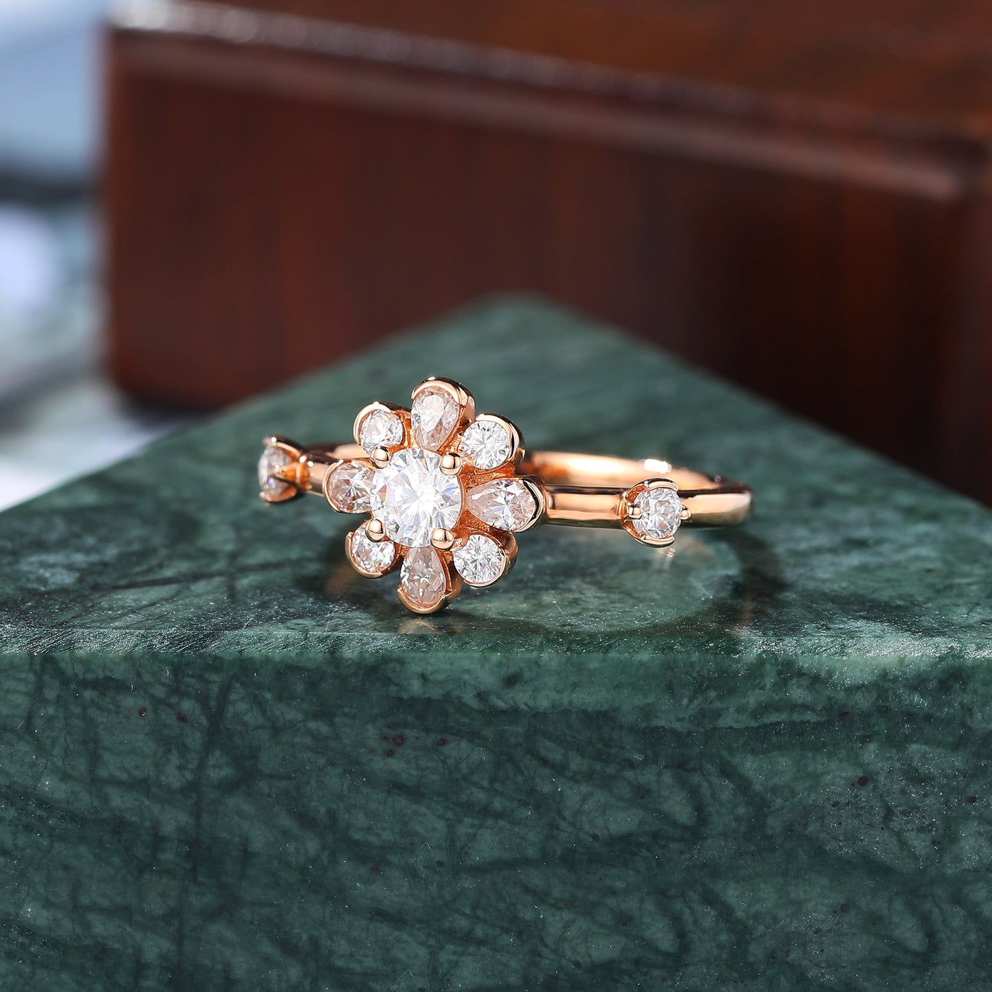 Round cut moissanite Blossom rose gold engagement Ring.