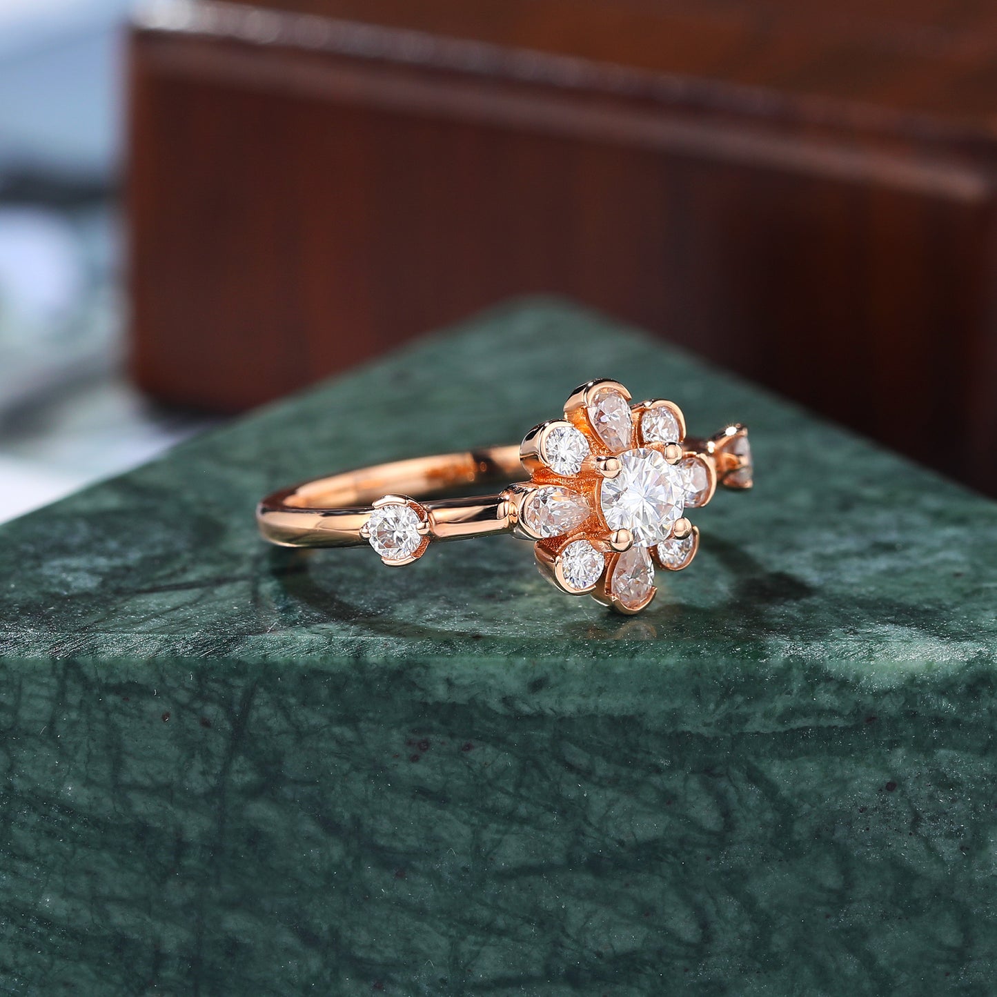 Round cut moissanite Blossom rose gold engagement Ring.