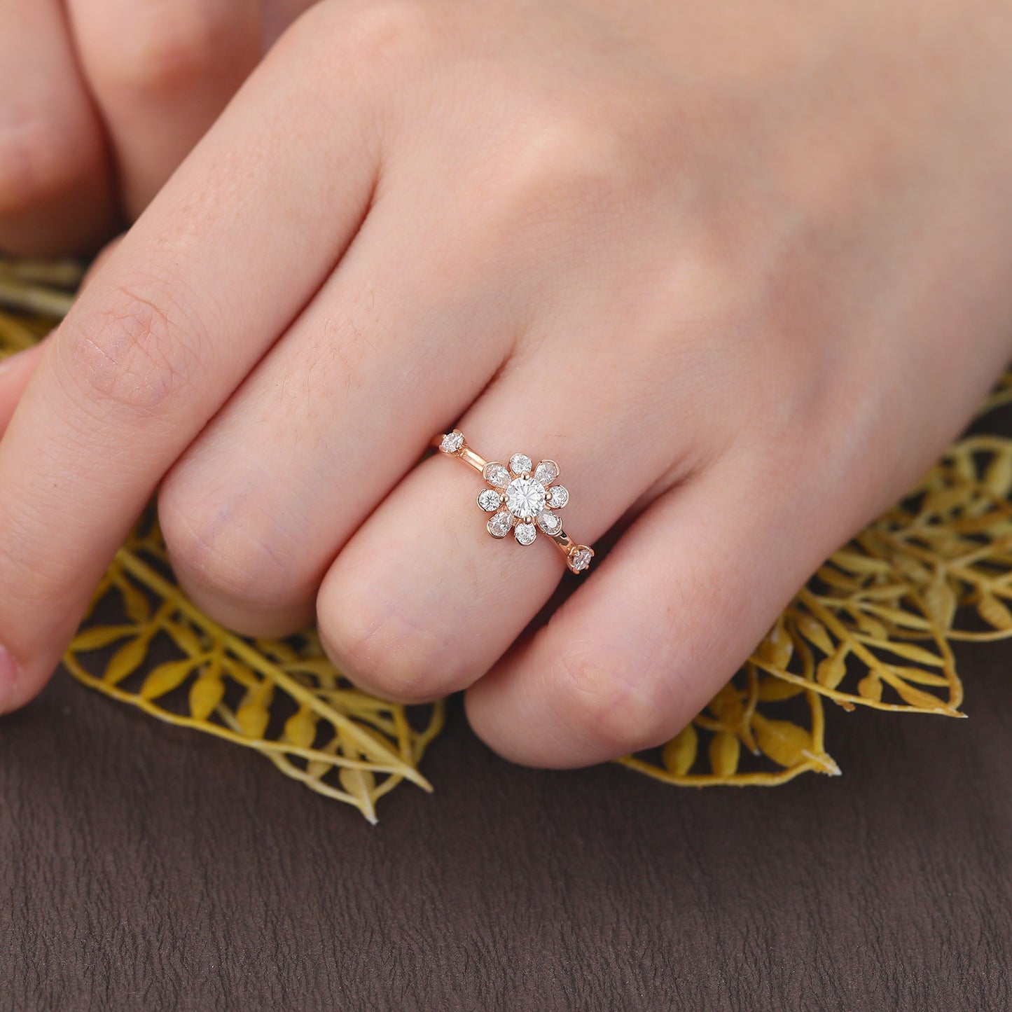 Round cut moissanite Blossom rose gold engagement Ring.