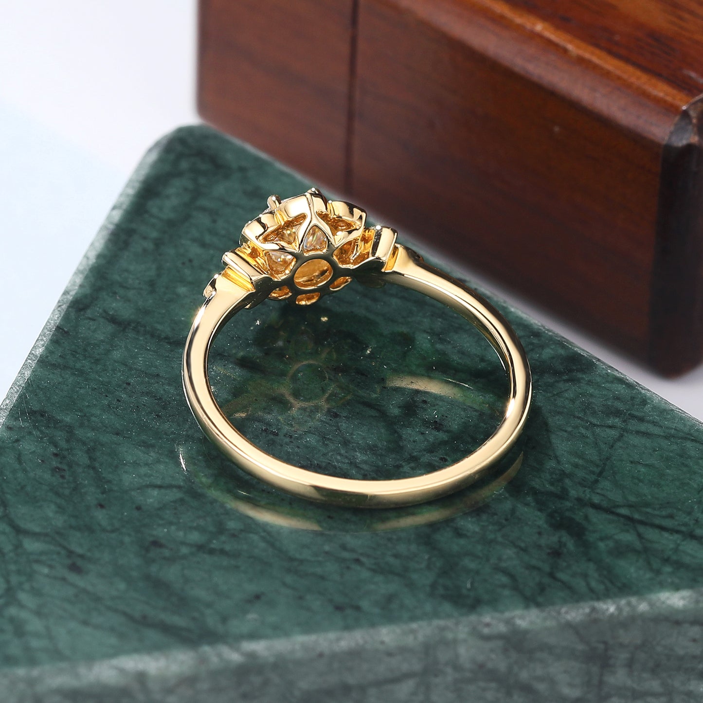 Round cut moissanite yellow gold engagement Ring.