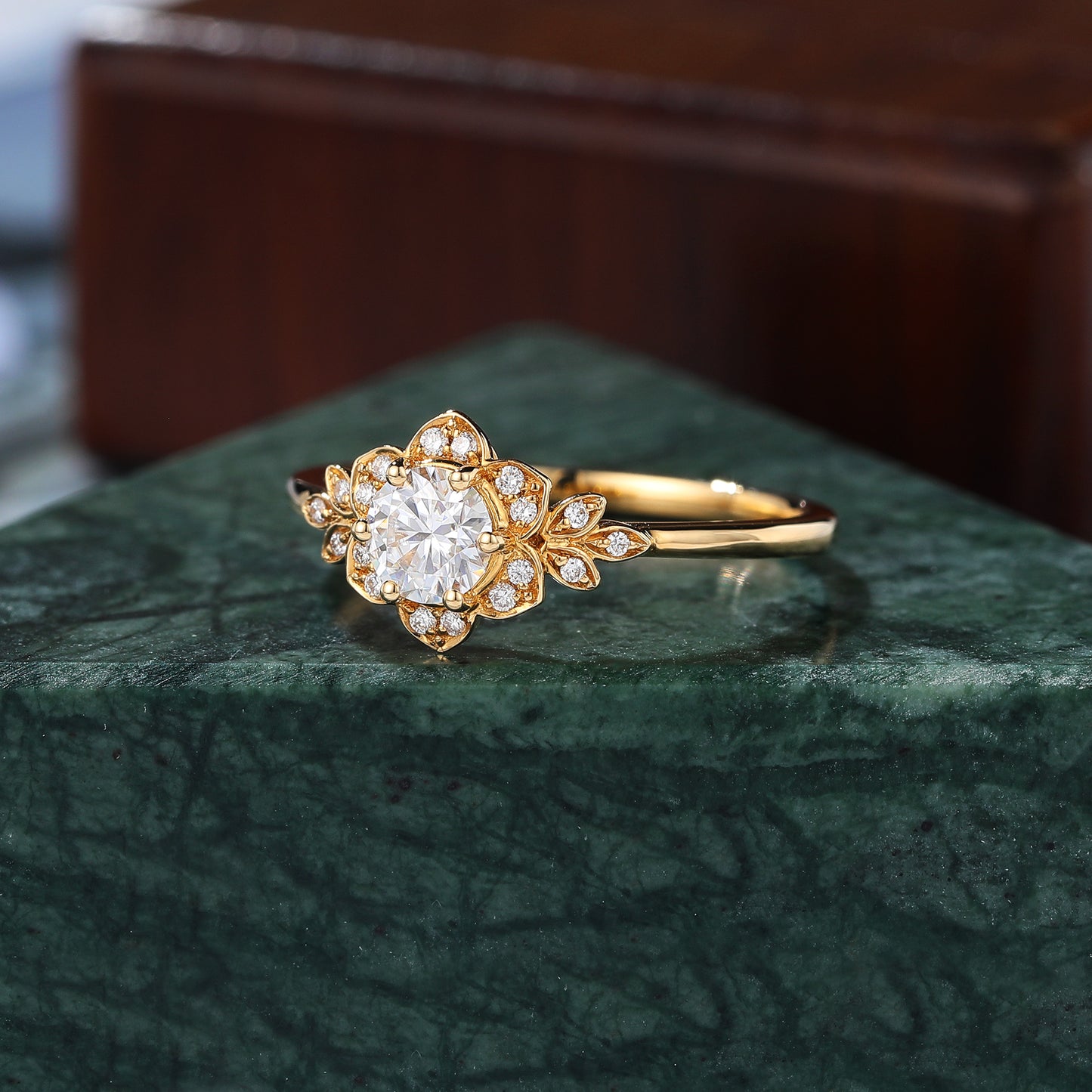 Round cut moissanite yellow gold engagement Ring.