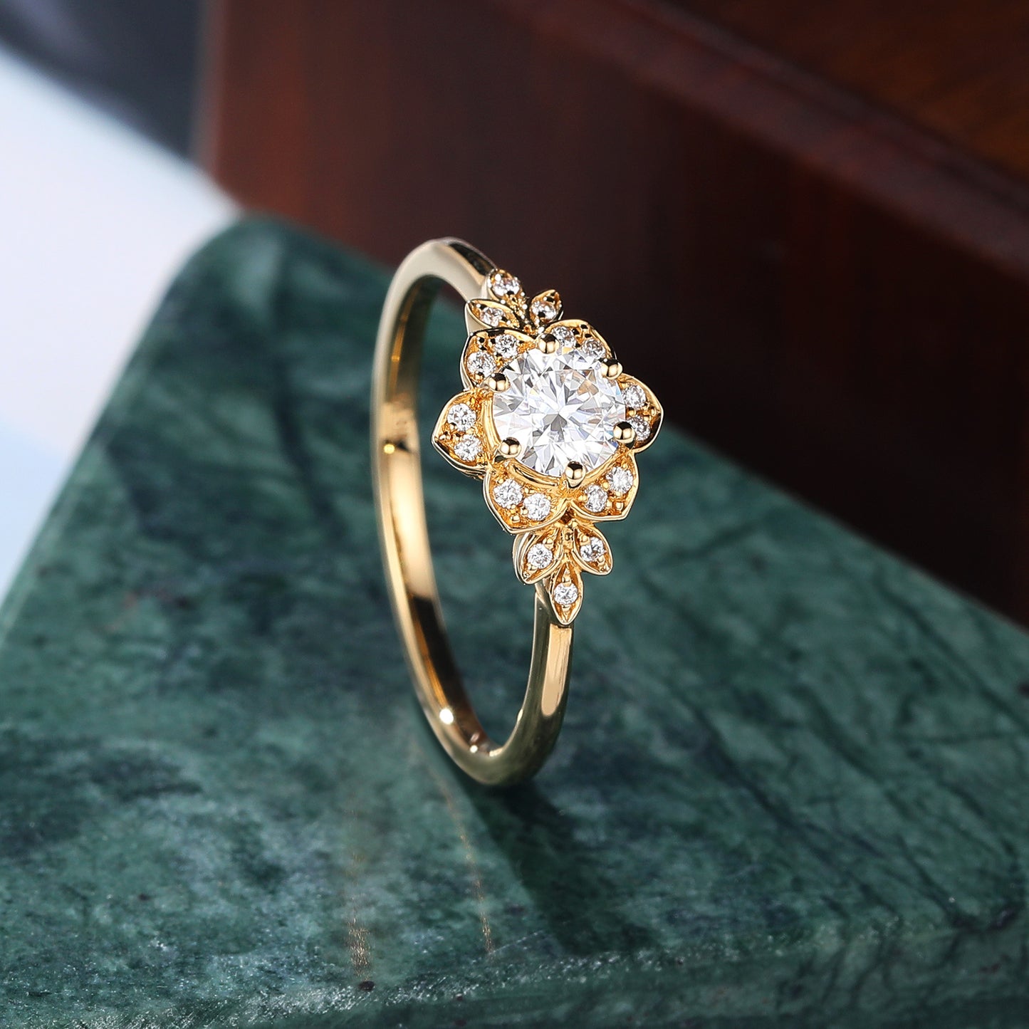 Round cut moissanite yellow gold engagement Ring.