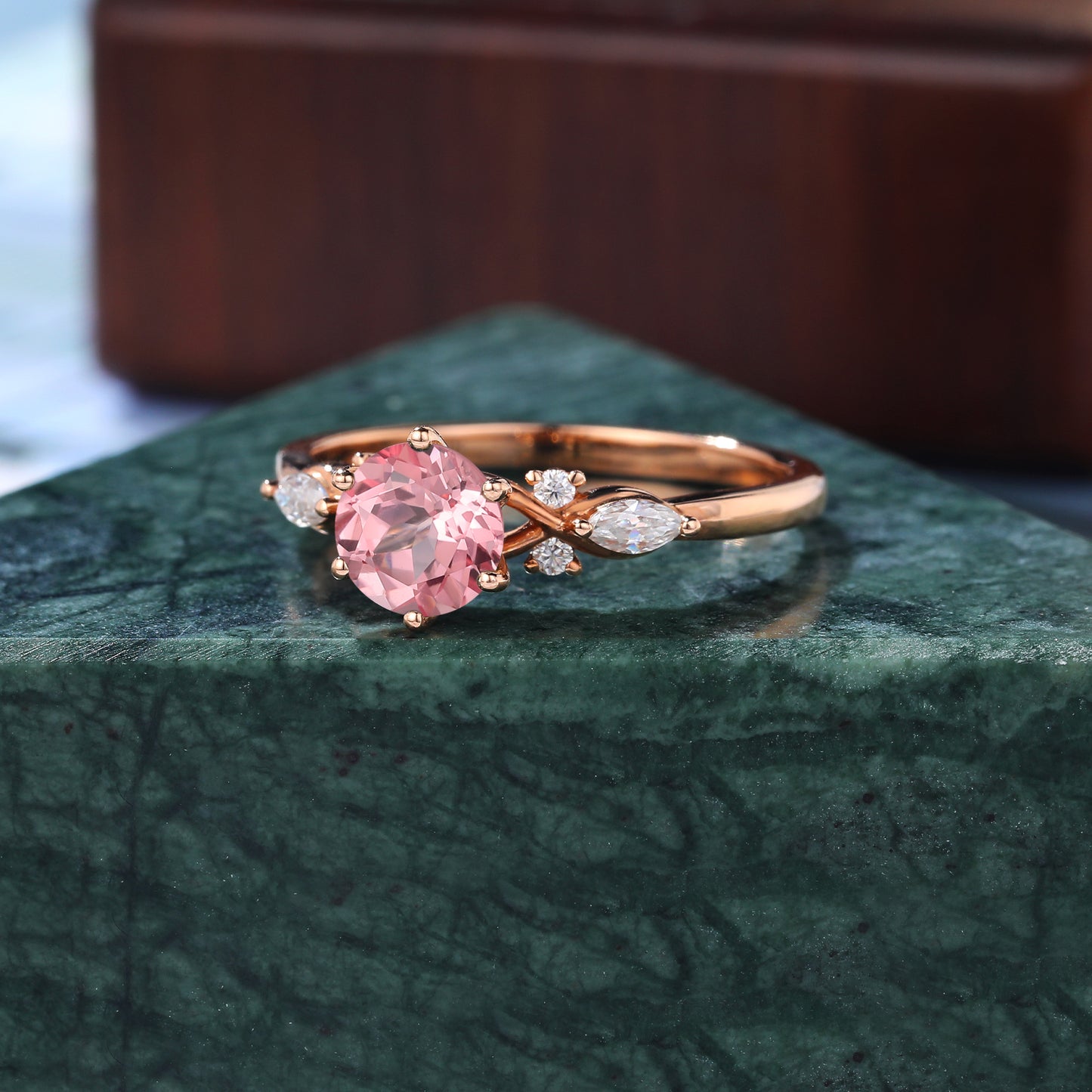 Round cut Lab Pink Sapphire engagement ring 925silver/10k/14k/18k gold , unique moissanite bridal ring rose/white/yellow gold