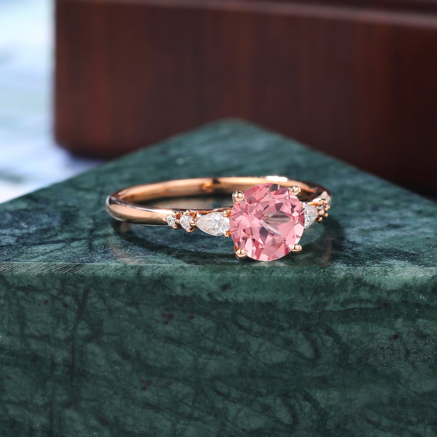 Round cut Lab Pink Sapphire engagement ring , unique moissanite bridal ring rose/white/yellow gold , S925/10k/14k/18k gold