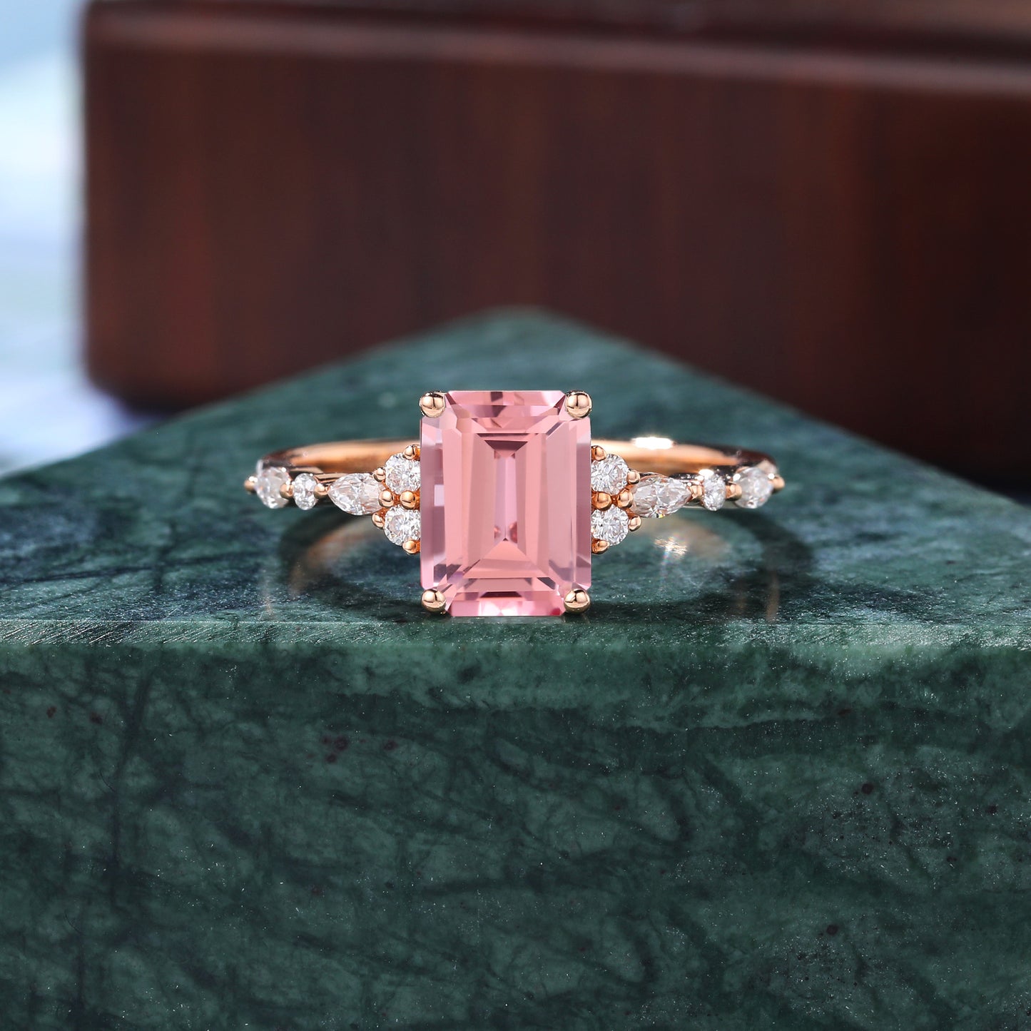 Emerald cut Lab Pink Sapphire engagement ring 925silver/10k/14k/18k gold , unique moissanite bridal ring rose/white/yellow gold ring