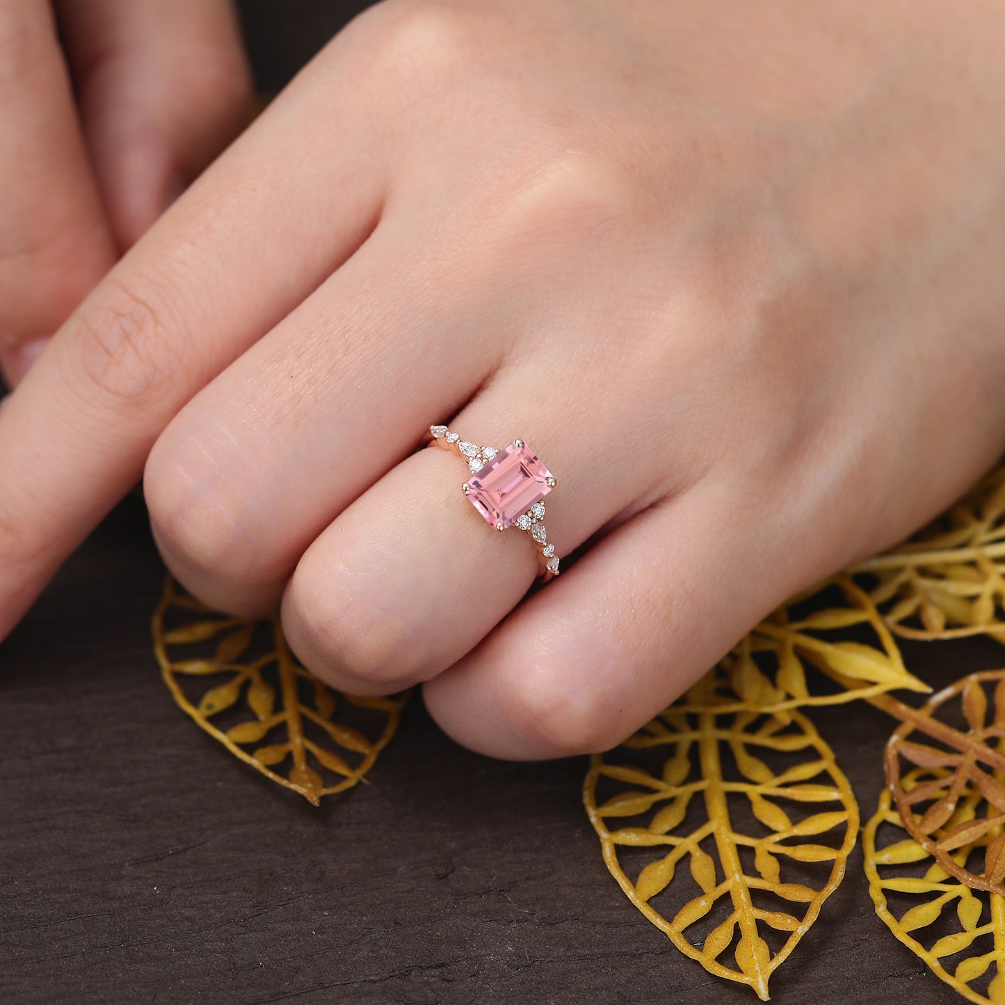 Emerald cut Lab Pink Sapphire engagement ring 925silver/10k/14k/18k gold , unique moissanite bridal ring rose/white/yellow gold ring