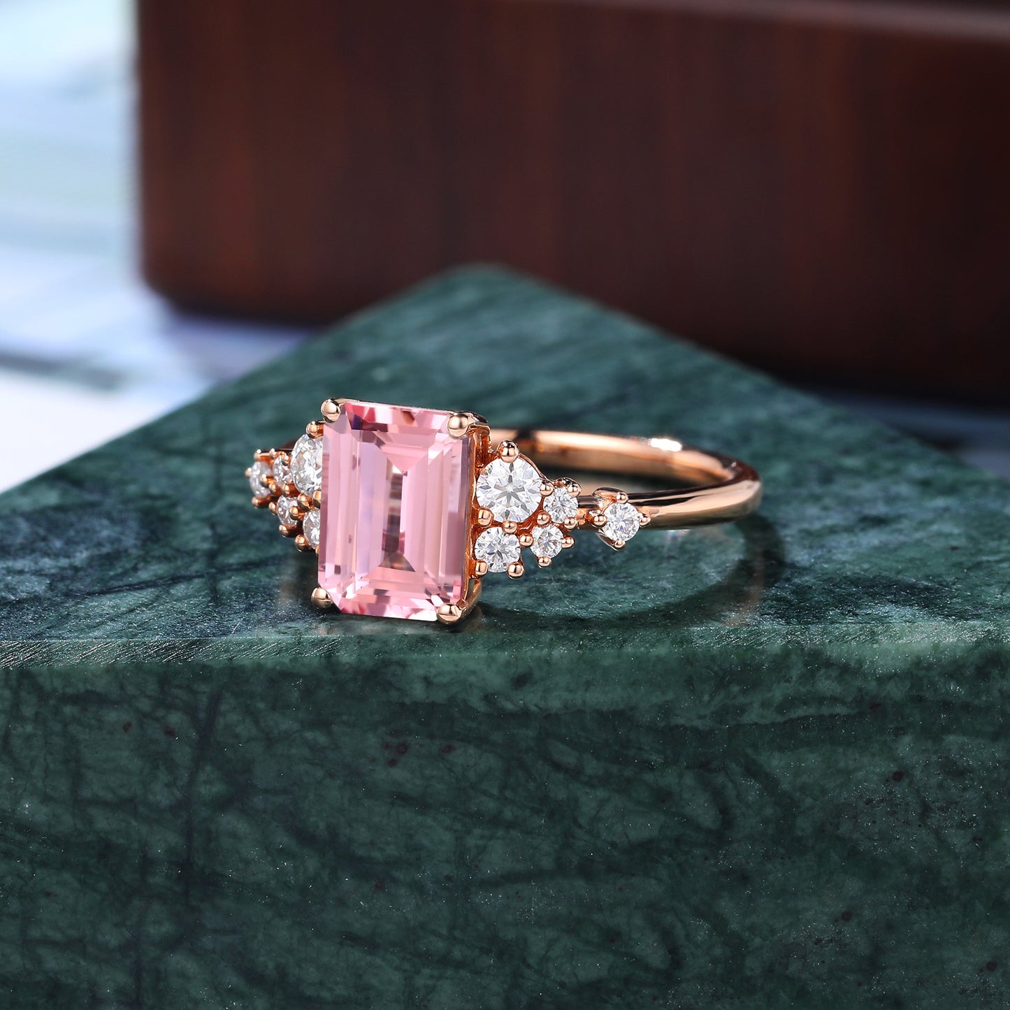 Emerald cut Lab Pink Sapphire engagement ring S925/10k/14k/18k gold , unique moissanite bridal ring rose/white/yellow gold ring