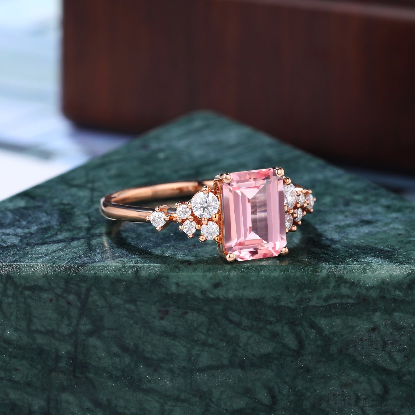 Emerald cut Lab Pink Sapphire engagement ring S925/10k/14k/18k gold , unique moissanite bridal ring rose/white/yellow gold ring