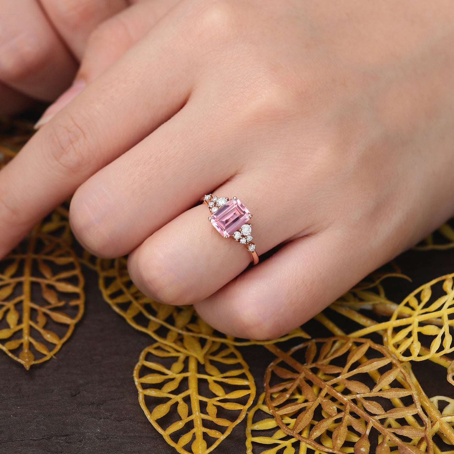 Emerald cut Lab Pink Sapphire engagement ring S925/10k/14k/18k gold , unique moissanite bridal ring rose/white/yellow gold ring
