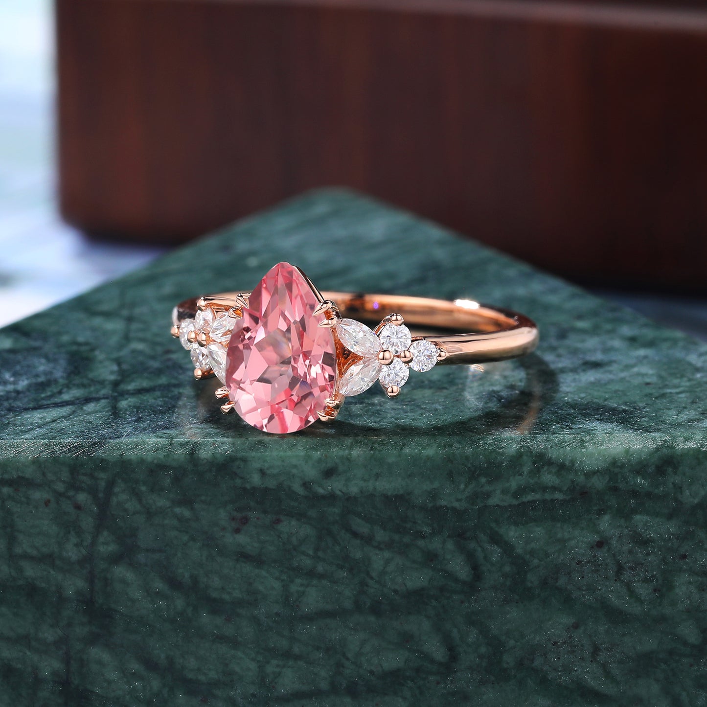 Pear shape Lab Pink Sapphire engagement ring 925silver/10k/14k/18k gold , unique moissanite bridal ring rose/white/yellow gold