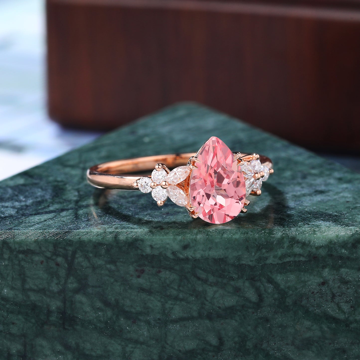 Pear shape Lab Pink Sapphire engagement ring 925silver/10k/14k/18k gold , unique moissanite bridal ring rose/white/yellow gold