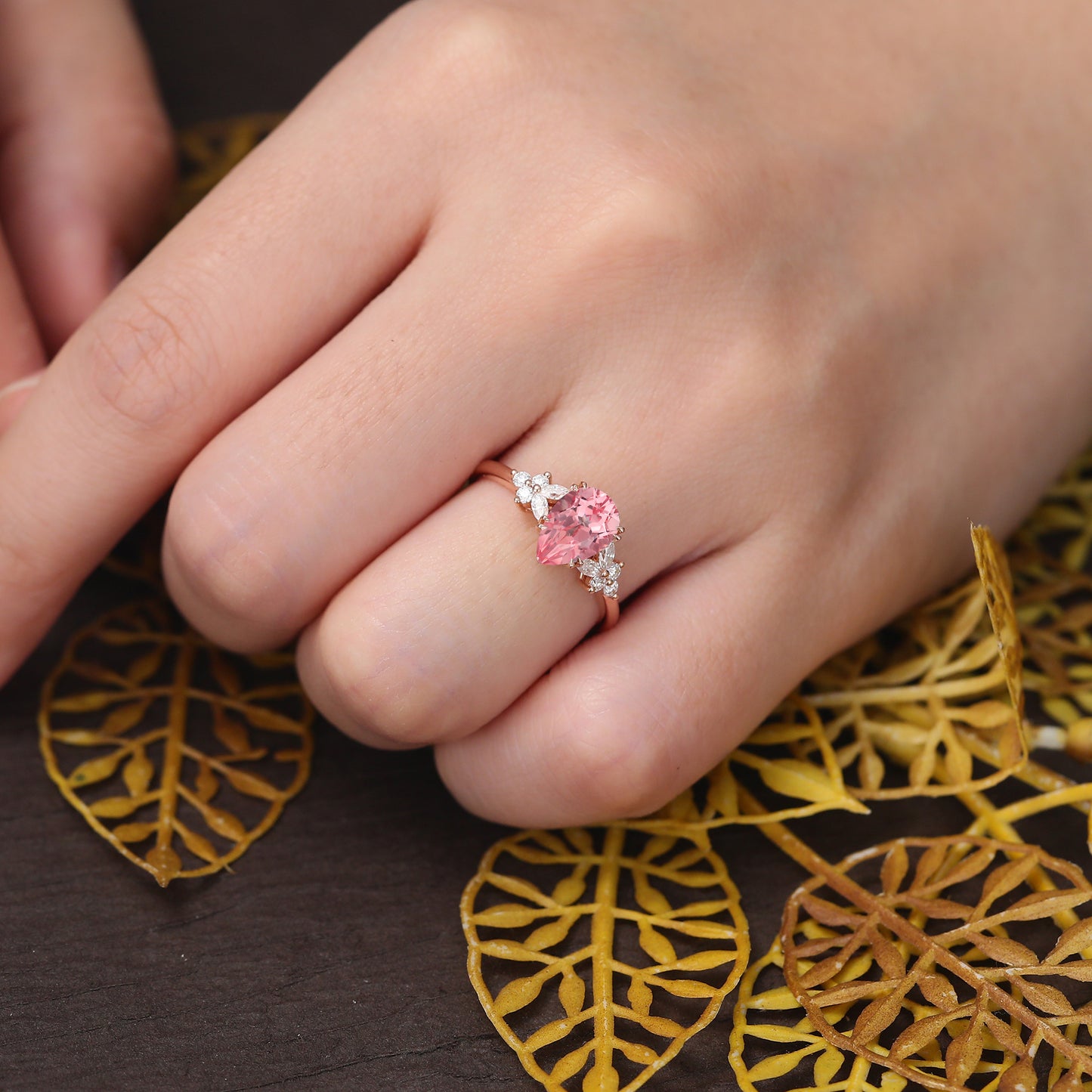 Pear shape Lab Pink Sapphire engagement ring 925silver/10k/14k/18k gold , unique moissanite bridal ring rose/white/yellow gold