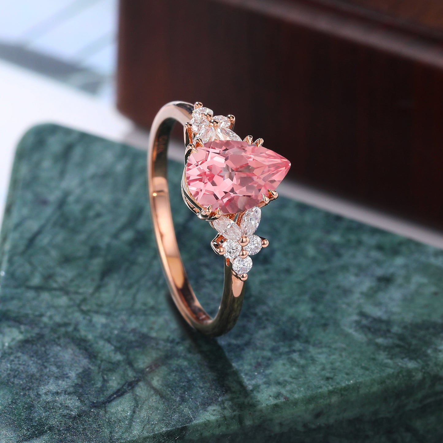 Pear shape Lab Pink Sapphire engagement ring 925silver/10k/14k/18k gold , unique moissanite bridal ring rose/white/yellow gold
