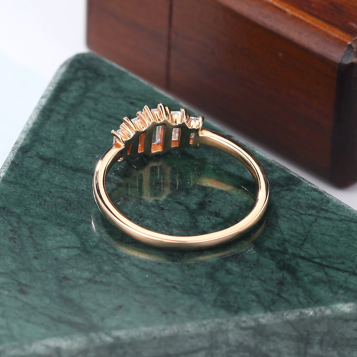 Baguette cut Moissanite rose gold engagement Ring.