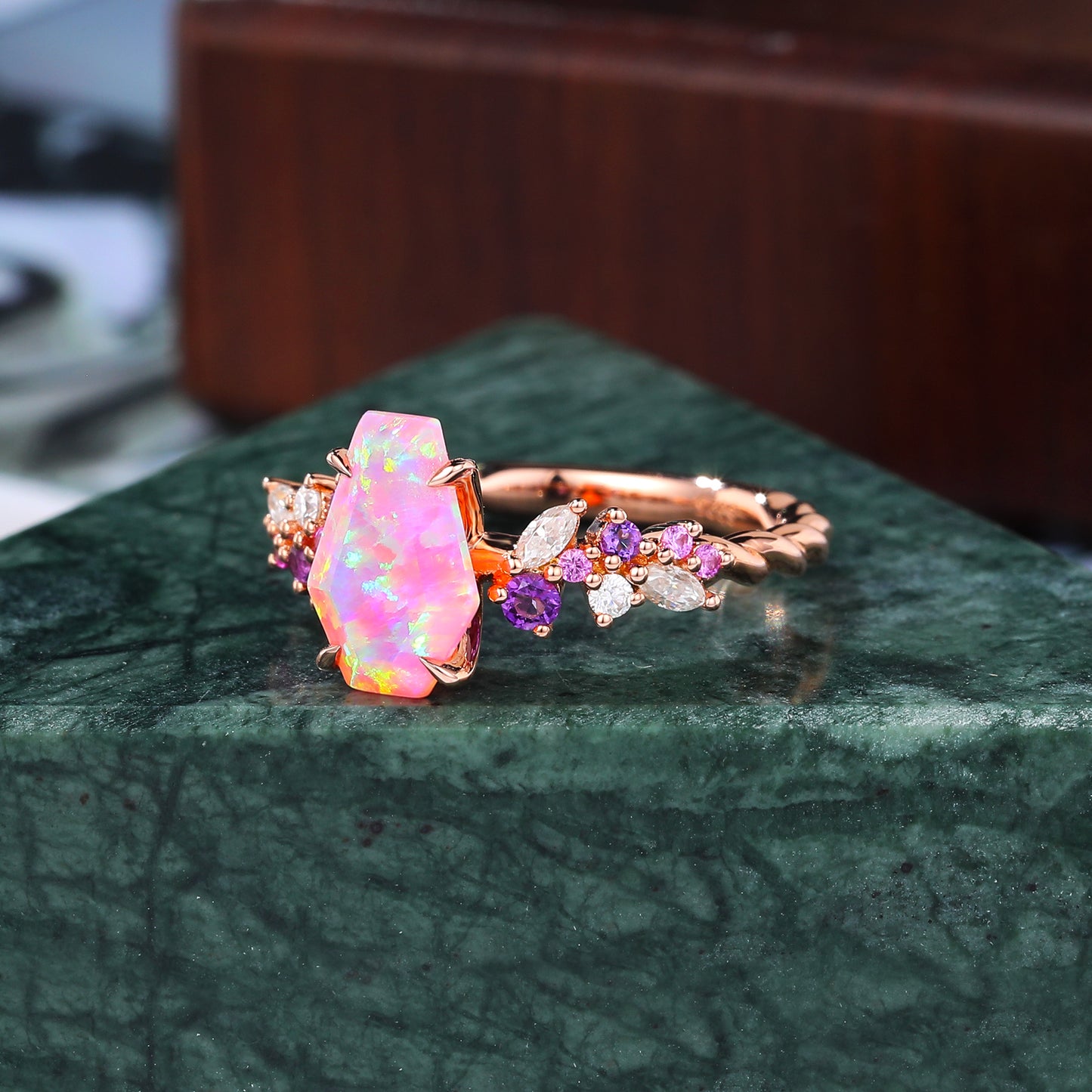 Coffin shaped Lab Pink Opal engagement ring S925/10k/14k/18k gold , rose/white/yellow gold ring.