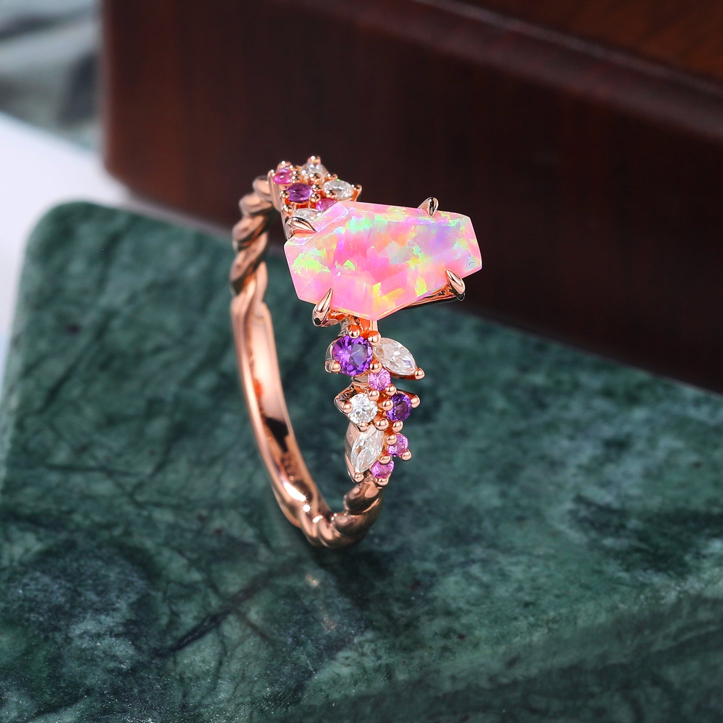 Coffin shaped Lab Pink Opal engagement ring S925/10k/14k/18k gold , rose/white/yellow gold ring.