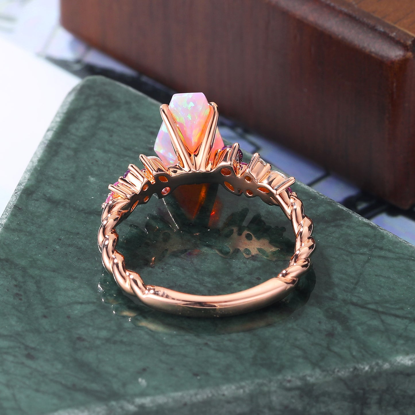 Coffin shaped Lab Pink Opal engagement ring S925/10k/14k/18k gold , rose/white/yellow gold ring.