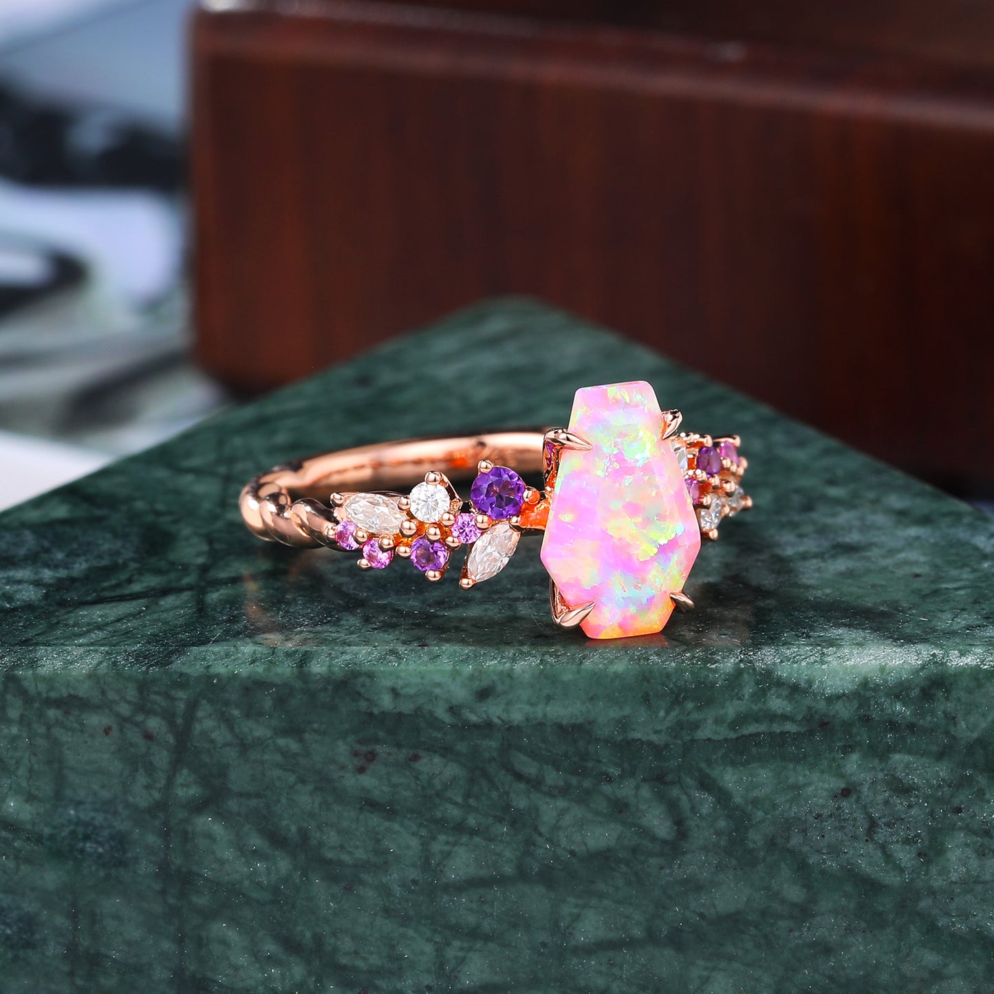 Coffin shaped Lab Pink Opal engagement ring S925/10k/14k/18k gold , rose/white/yellow gold ring.