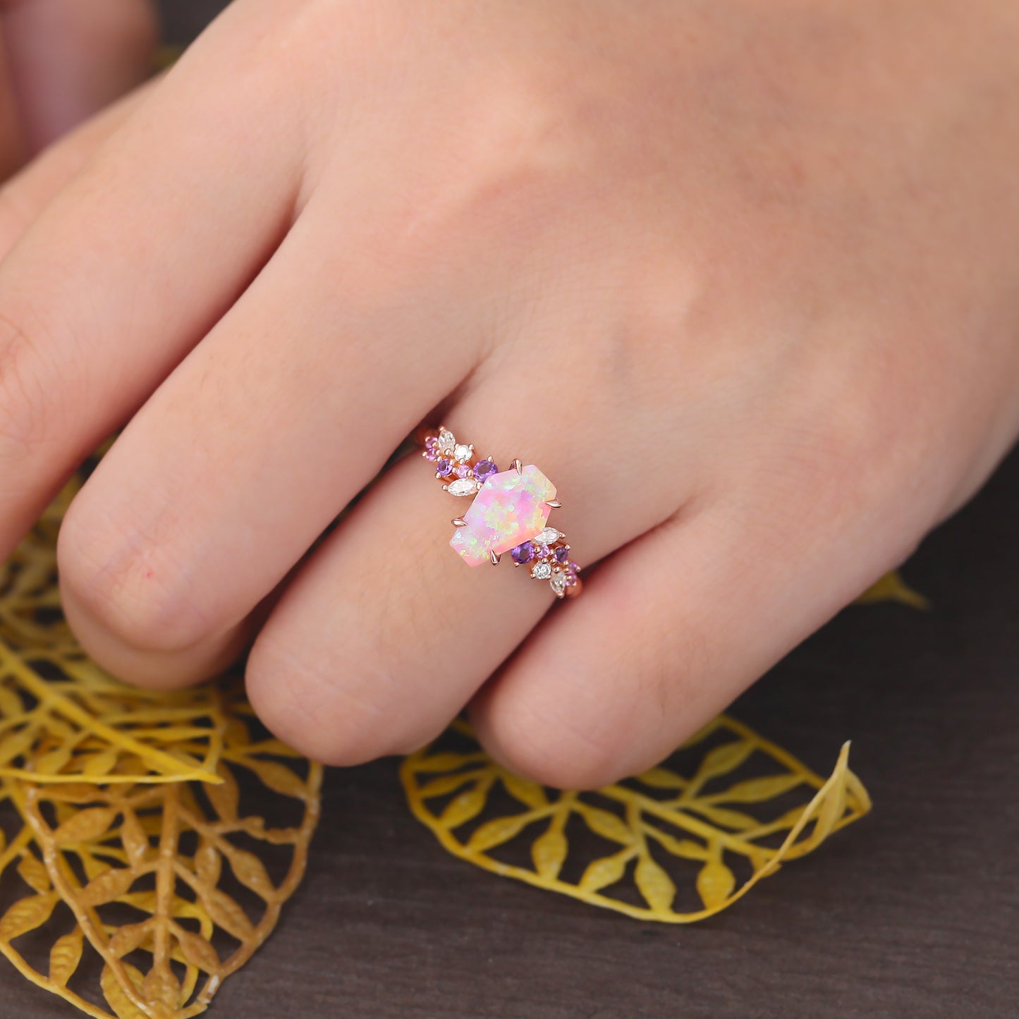 Coffin shaped Lab Pink Opal engagement ring S925/10k/14k/18k gold , rose/white/yellow gold ring.