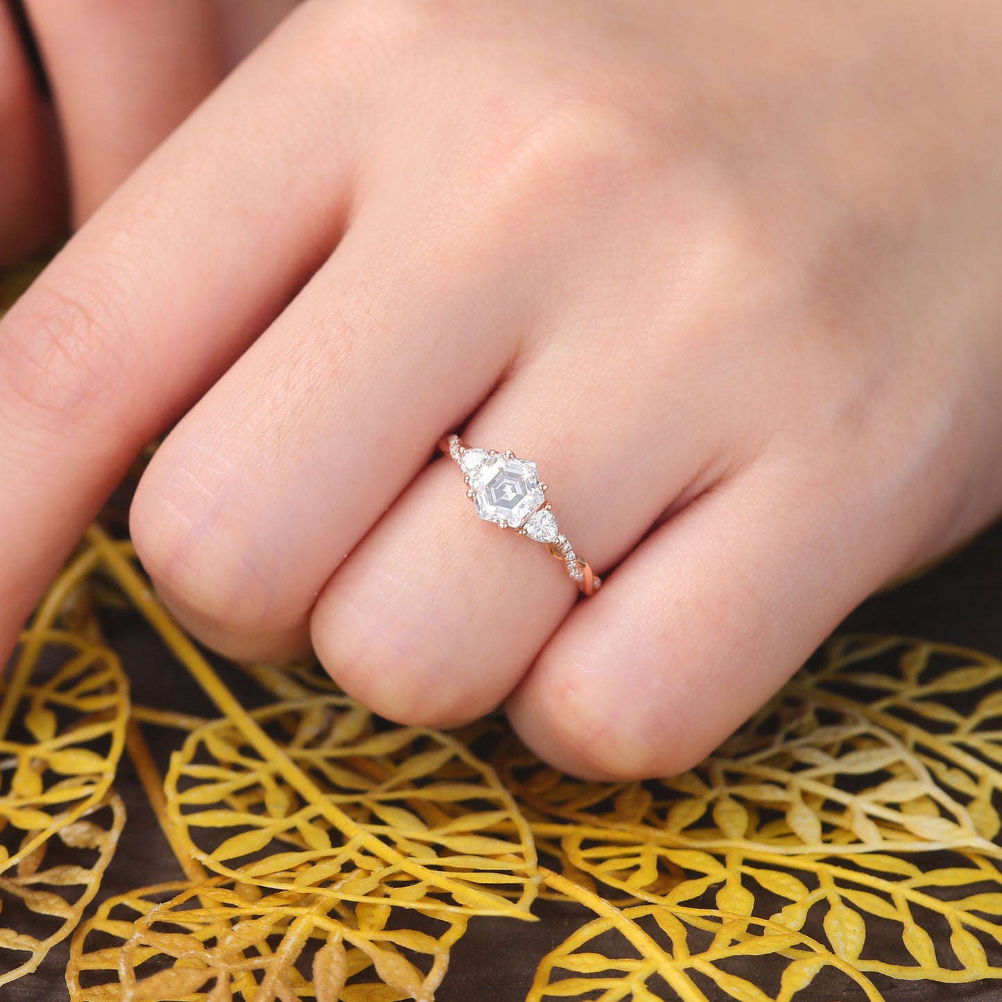 1.0CT Hexagon cut Lab grown diamond rose gold engagement Ring. S925/10k/14k/18k