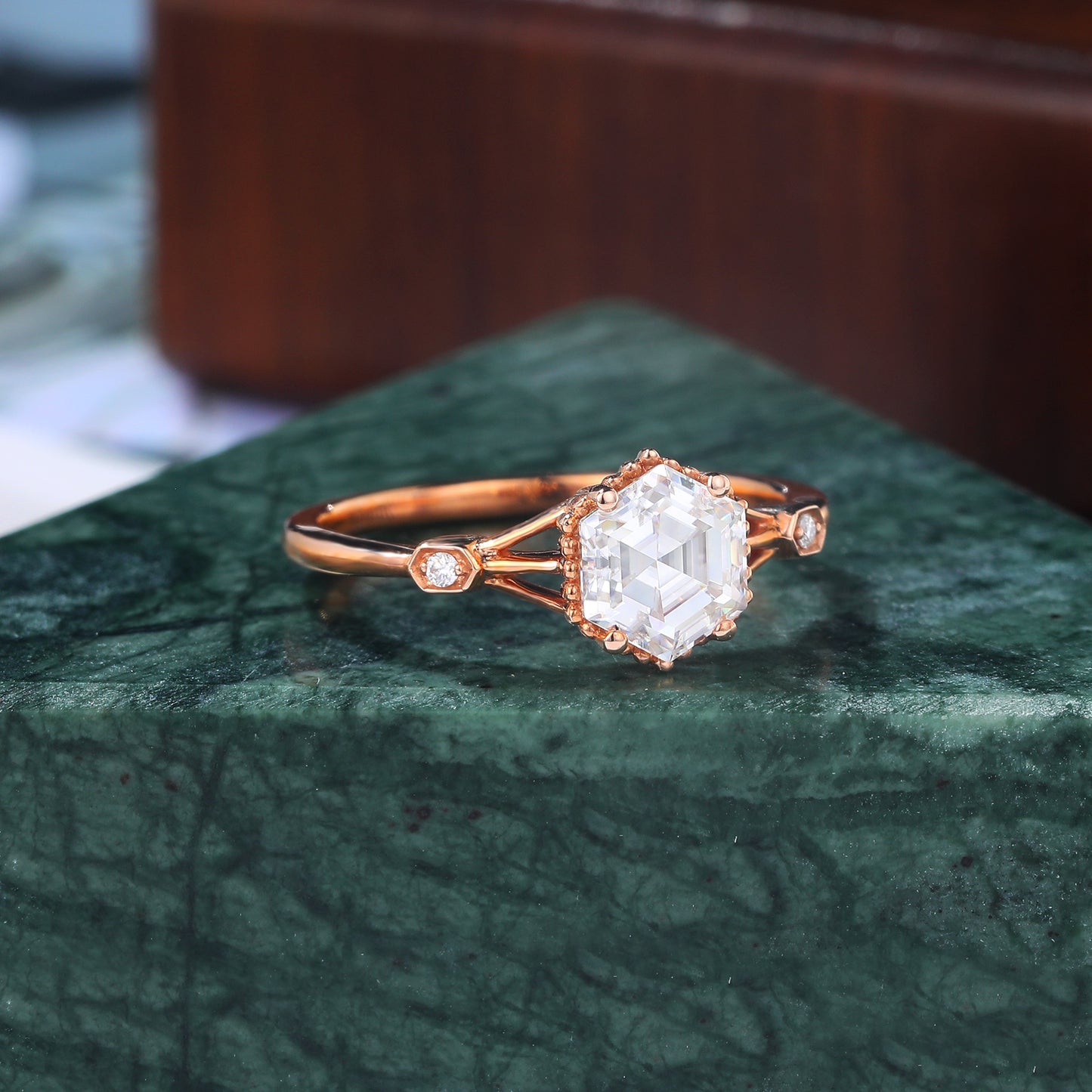 1.0CT Hexagon cut Lab grown diamond rose gold engagement Ring.
