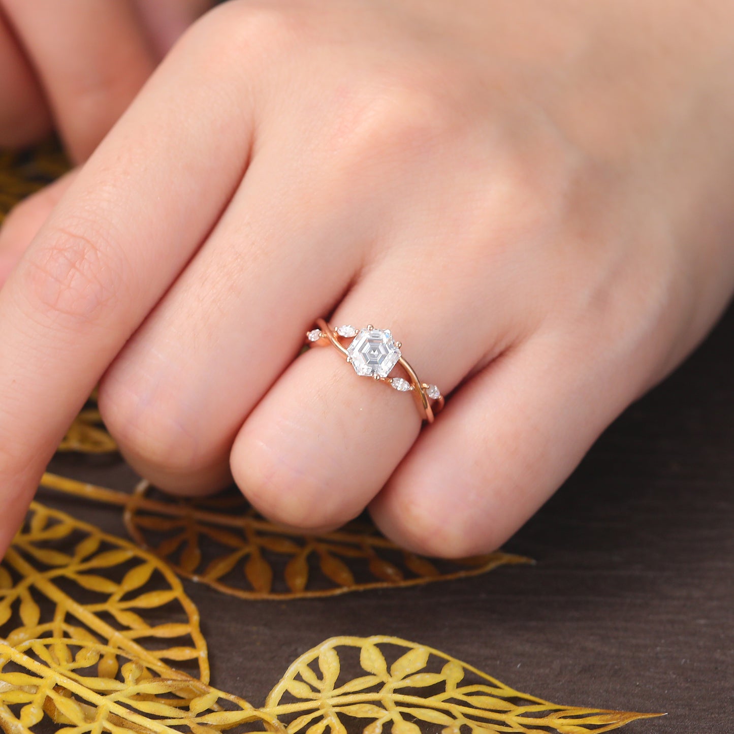 1.0CT Hexagon cut Lab grown diamond rose gold engagement Ring.