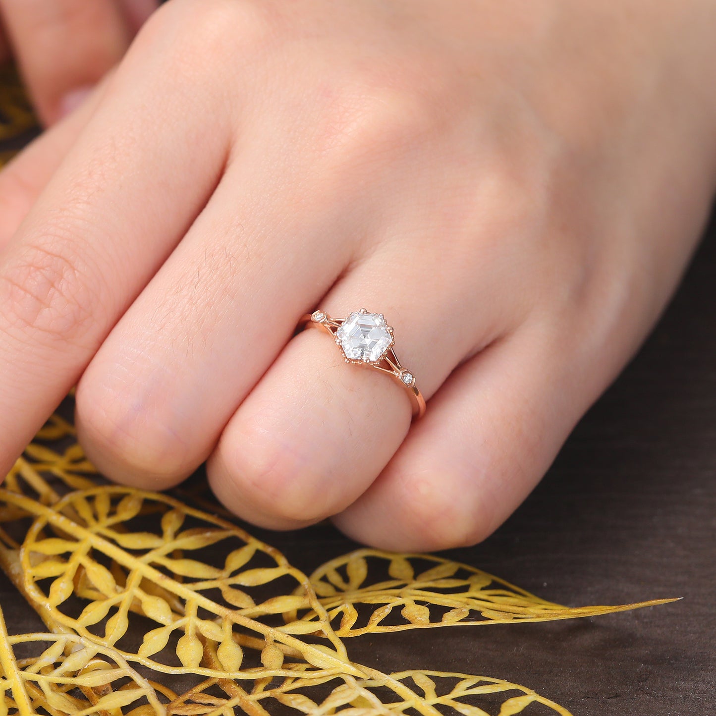 1.0CT Hexagon cut Lab grown diamond rose gold engagement Ring.