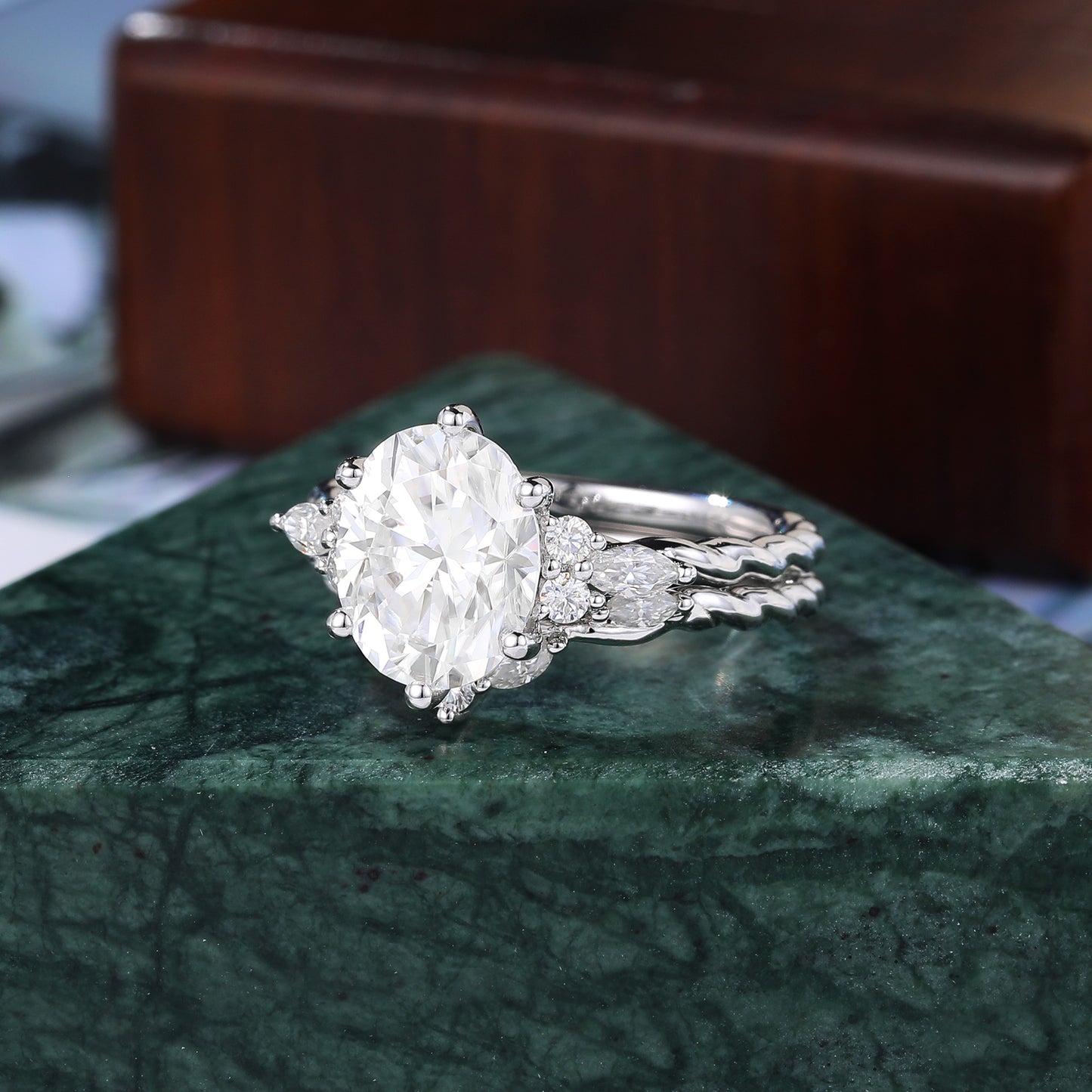 Vintage Oval Moissanite white gold Engagement Ring Set, Cluster Rose/white/yellow Gold Bridal Wedding band