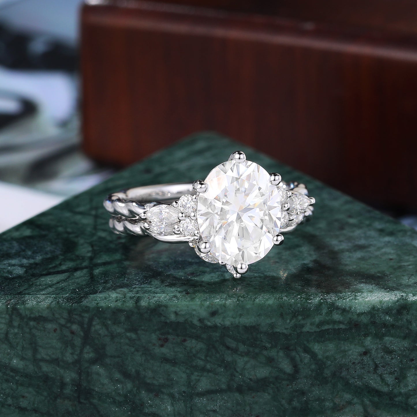 Vintage Oval Moissanite white gold Engagement Ring Set, Cluster Rose/white/yellow Gold Bridal Wedding band