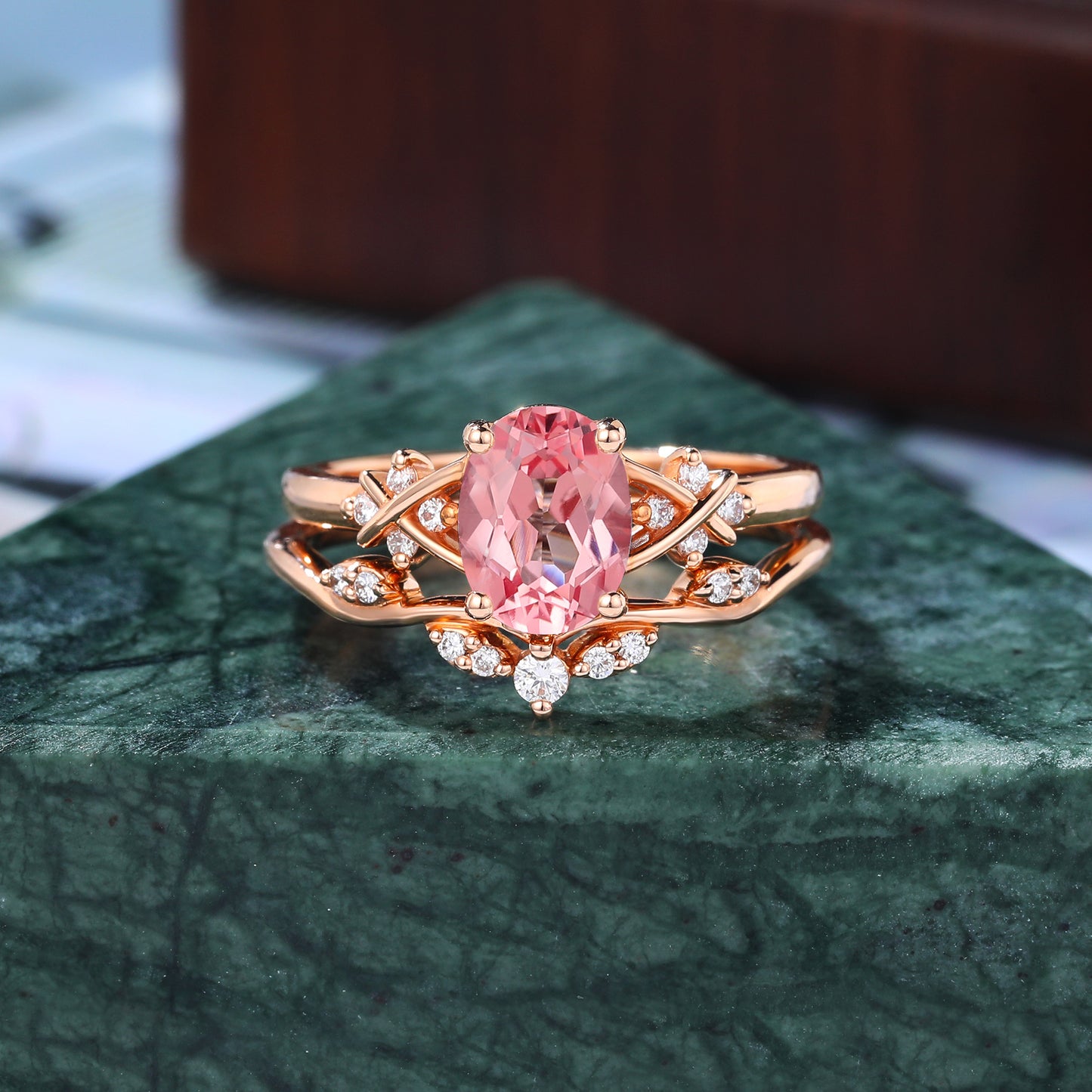 Vintage Oval cut Lab Pink Sapphire rose gold Engagement Ring Set, S925/10k/14k/18k rose gold white gold yellow gold
