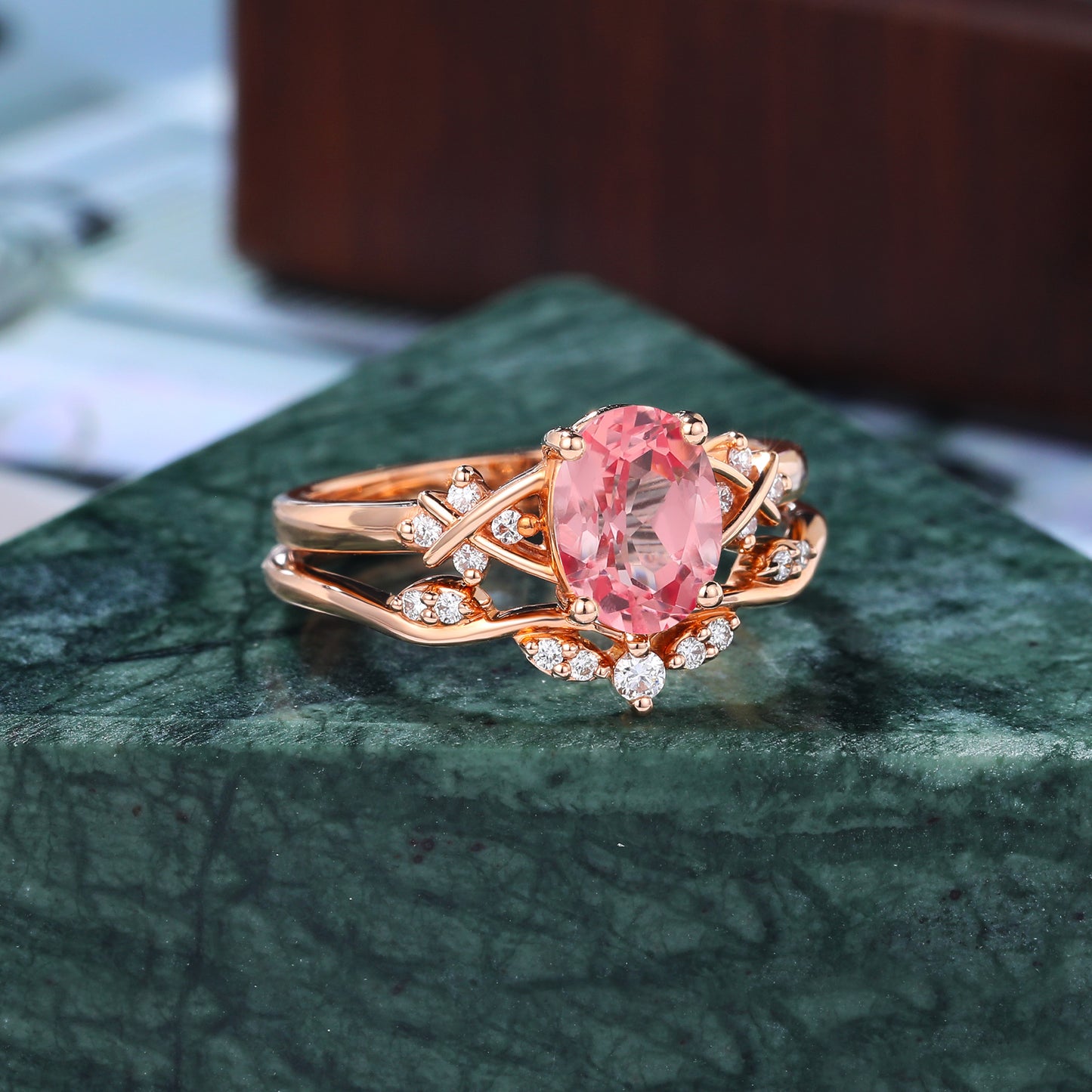 Vintage Oval cut Lab Pink Sapphire rose gold Engagement Ring Set, S925/10k/14k/18k rose gold white gold yellow gold