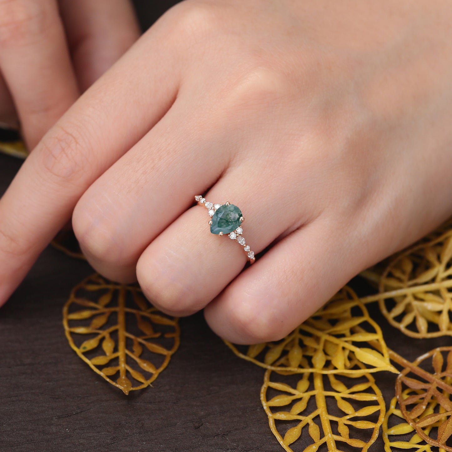 Pear shape Moss agate engagement ring S925/10k/14k/18k gold , unique bridal ring rose/white/yellow gold