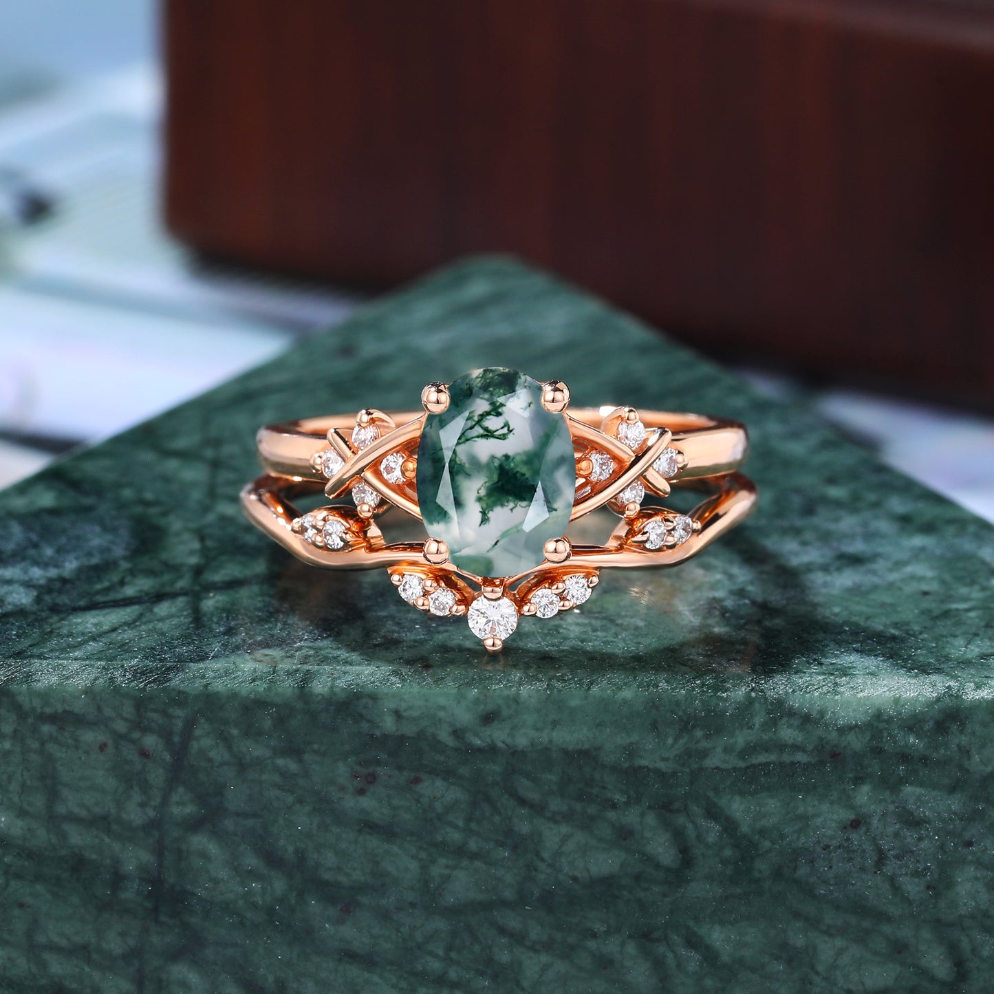 Vintage Oval Moss Agate rose gold Engagement Ring Set, Rose /white/yellow Gold Bridal Wedding band S925/10k/14k/18k