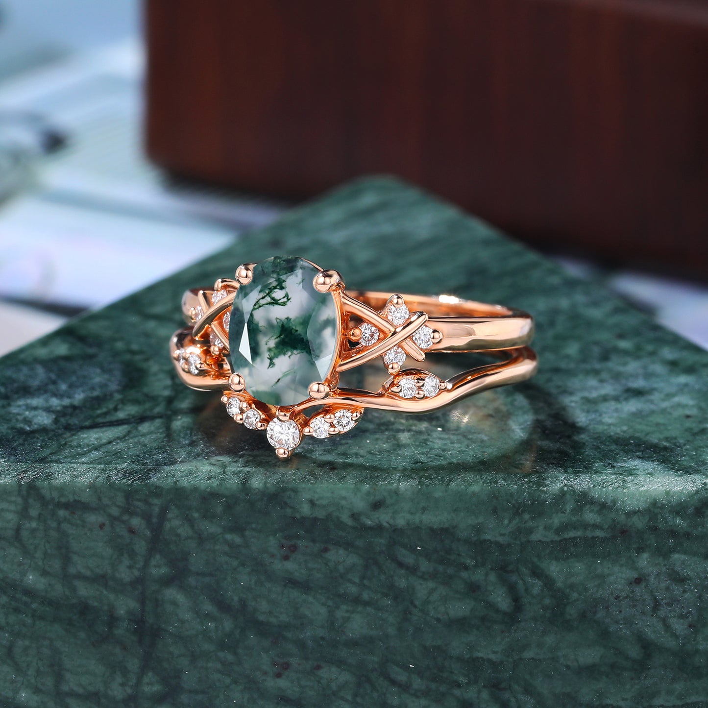 Vintage Oval Moss Agate rose gold Engagement Ring Set, Rose /white/yellow Gold Bridal Wedding band S925/10k/14k/18k