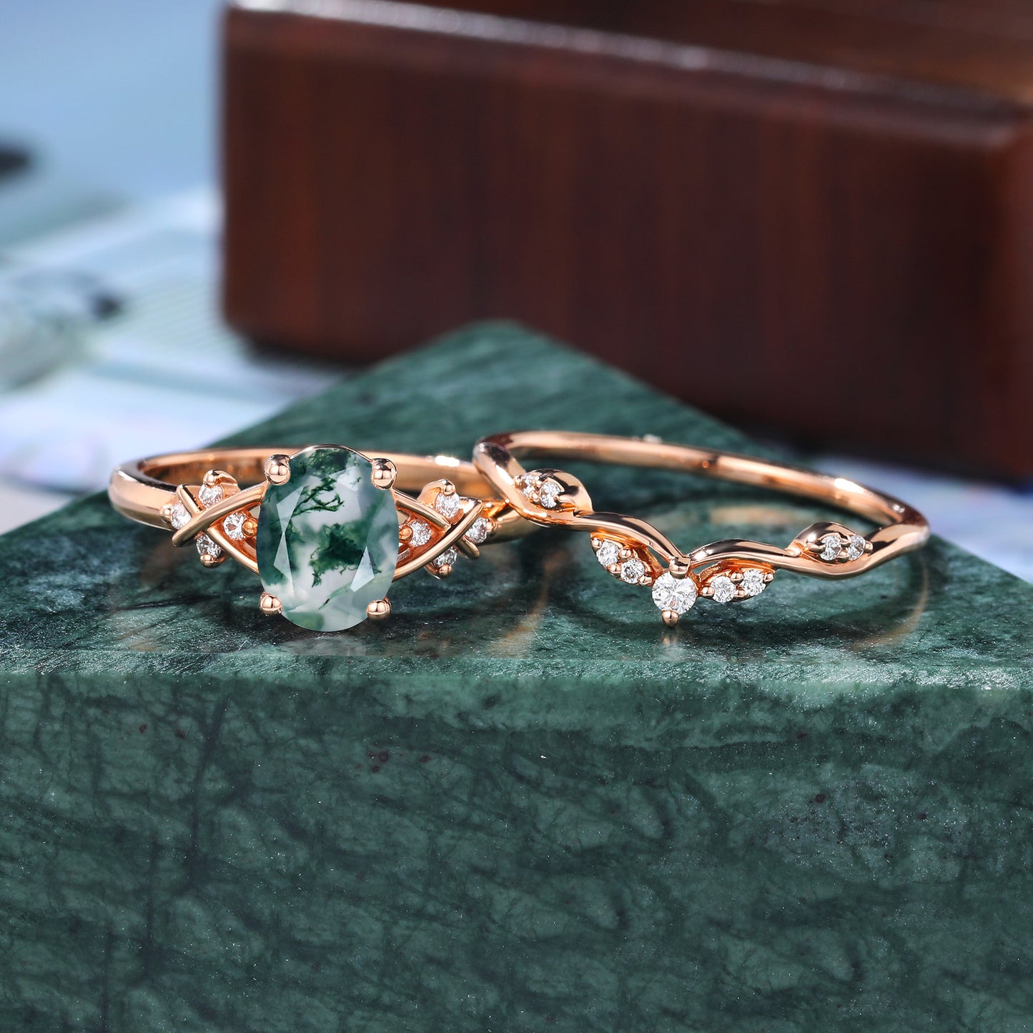 Vintage Oval Moss Agate rose gold Engagement Ring Set, Rose /white/yellow Gold Bridal Wedding band S925/10k/14k/18k