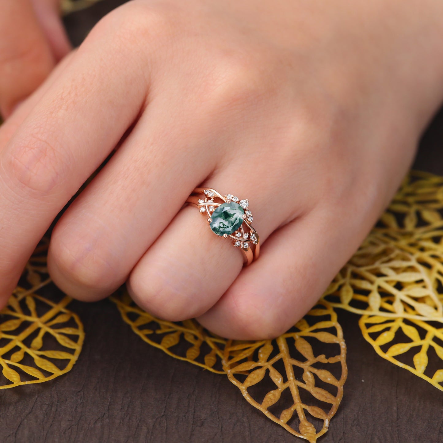 Vintage Oval Moss Agate rose gold Engagement Ring Set, Rose /white/yellow Gold Bridal Wedding band S925/10k/14k/18k