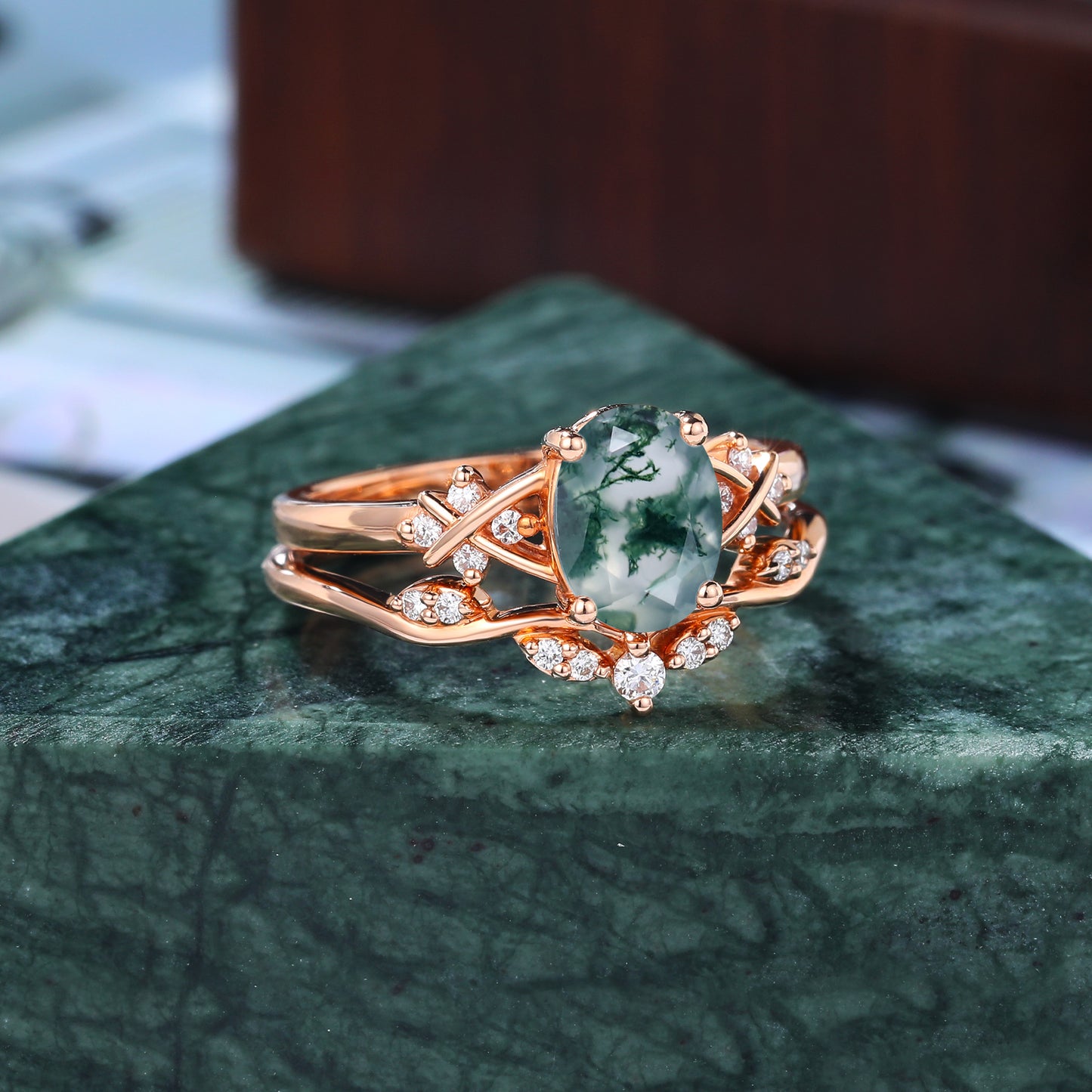 Vintage Oval Moss Agate rose gold Engagement Ring Set, Rose /white/yellow Gold Bridal Wedding band S925/10k/14k/18k