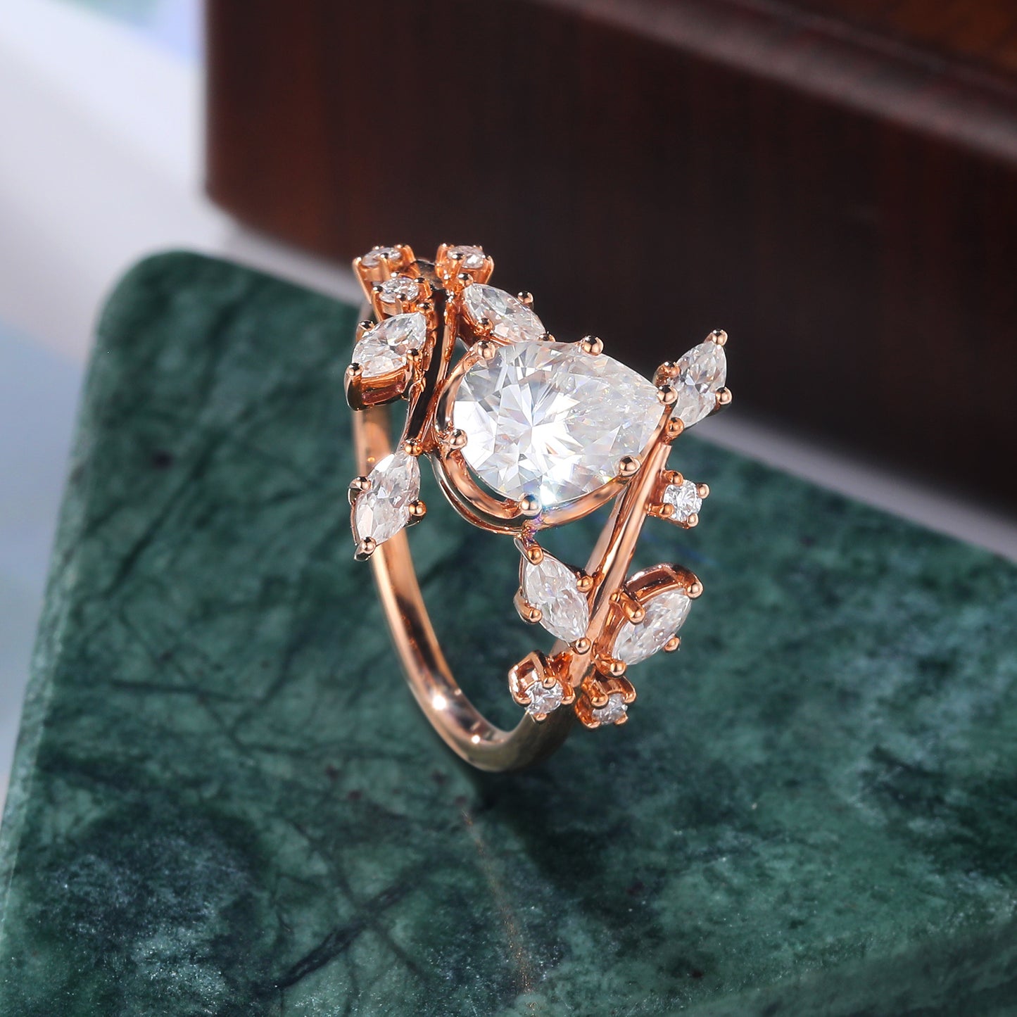Pear shape moissanite rose gold engagement Ring. Unique twig shaped bridal ring