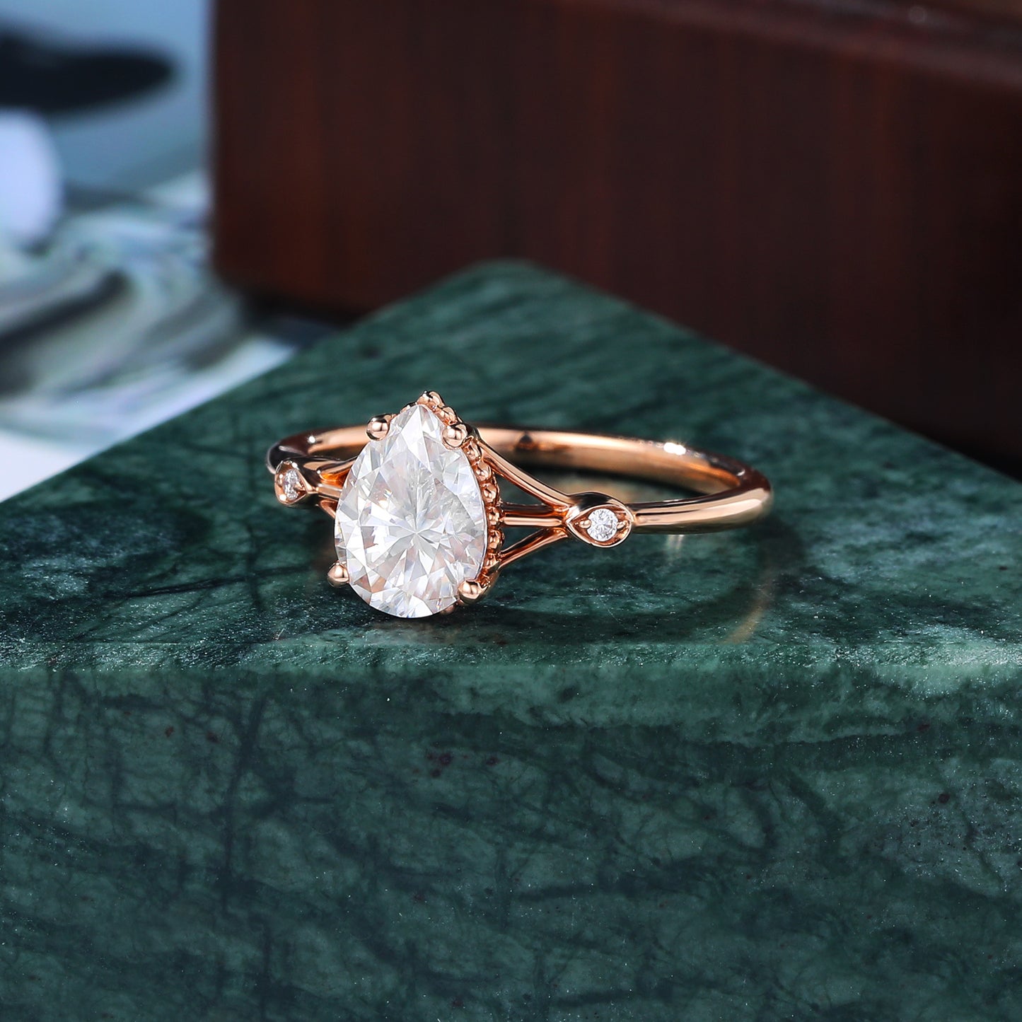 Pear shape moissanite rose gold engagement Ring.