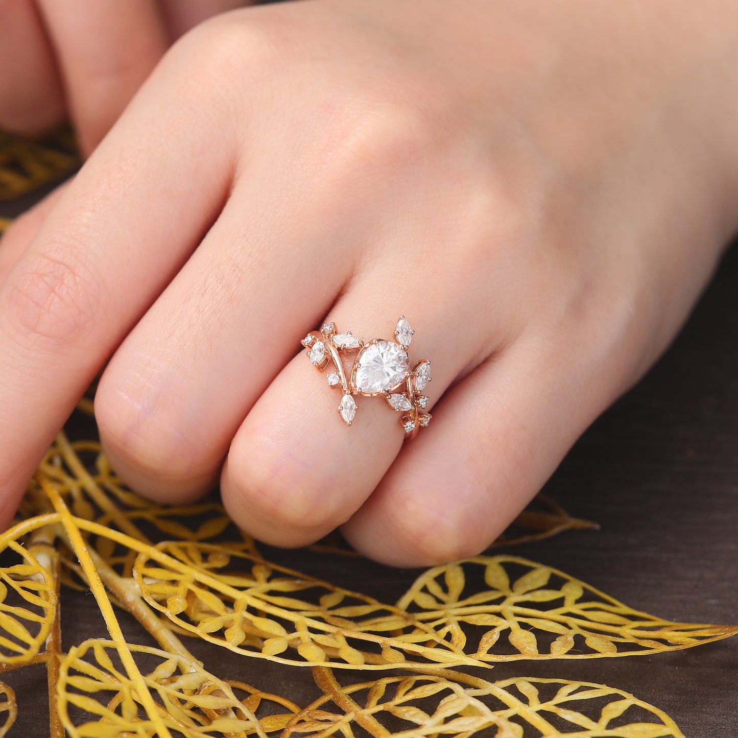 Pear shape moissanite rose gold engagement Ring. Unique twig shaped bridal ring