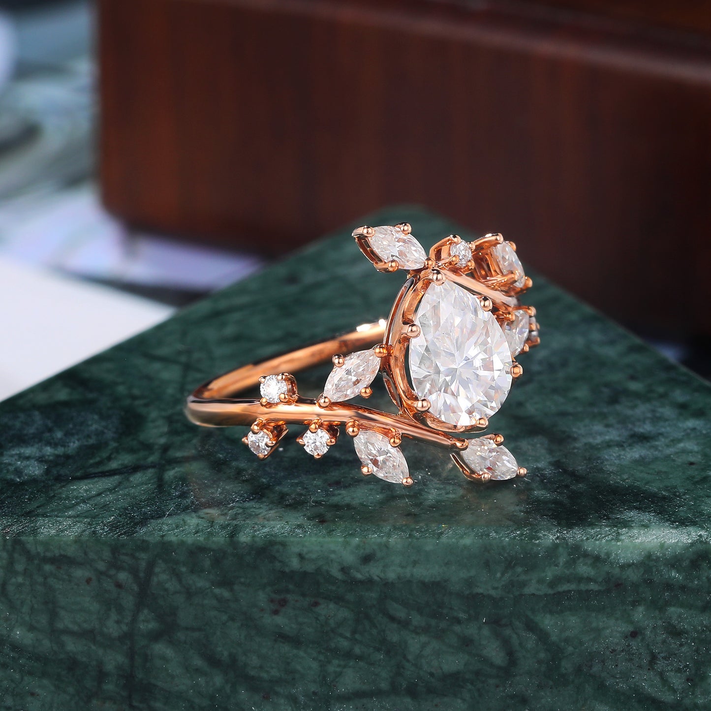 Pear shape moissanite rose gold engagement Ring. Unique twig shaped bridal ring