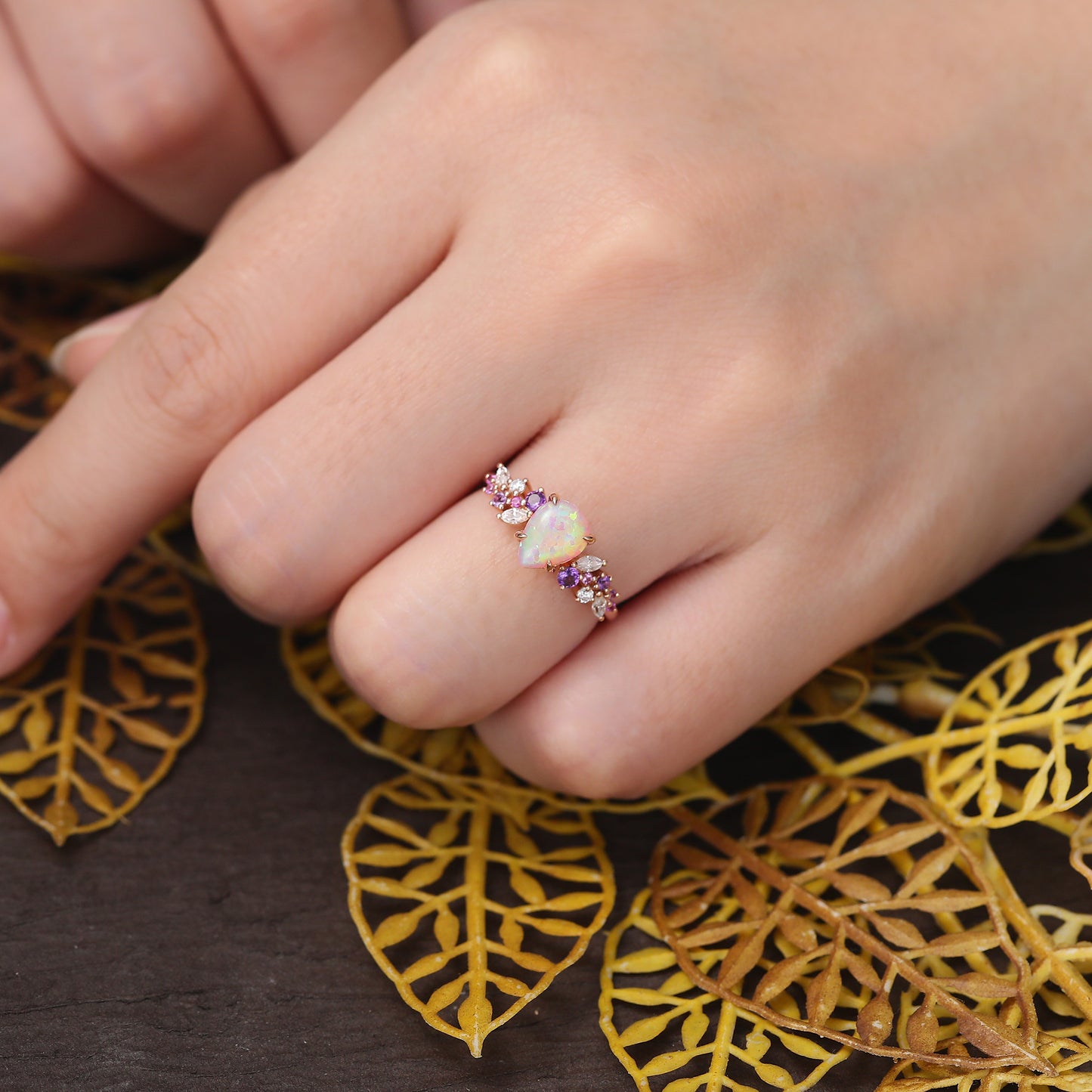 Art deco Pear shape Lab Pink Opal engagement ring vintage rose gold ring 10k/14k/18k gold ring prong set anniversary promise bridal ring