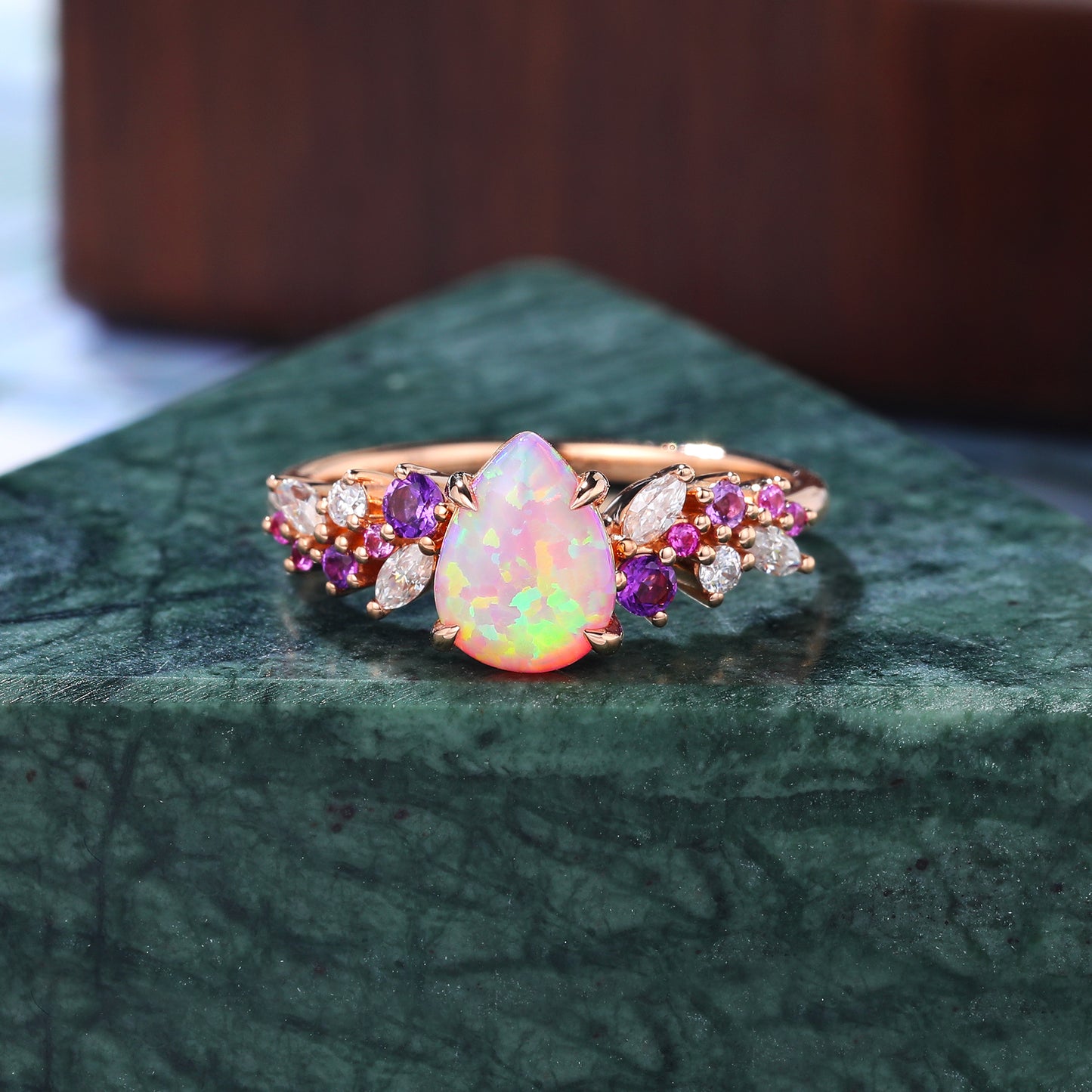 Art deco Pear shape Lab Pink Opal engagement ring vintage rose gold ring 10k/14k/18k gold ring prong set anniversary promise bridal ring