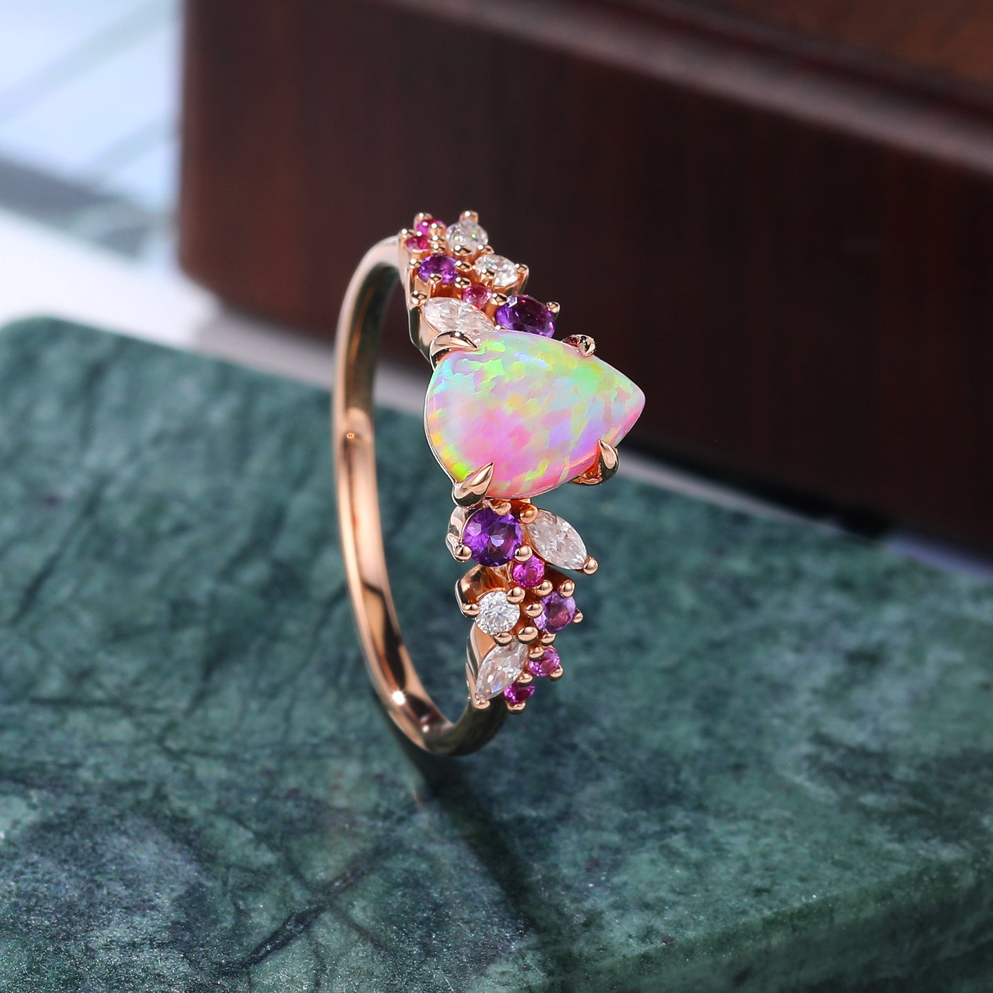 Art deco Pear shape Lab Pink Opal engagement ring vintage rose gold ring 10k/14k/18k gold ring prong set anniversary promise bridal ring