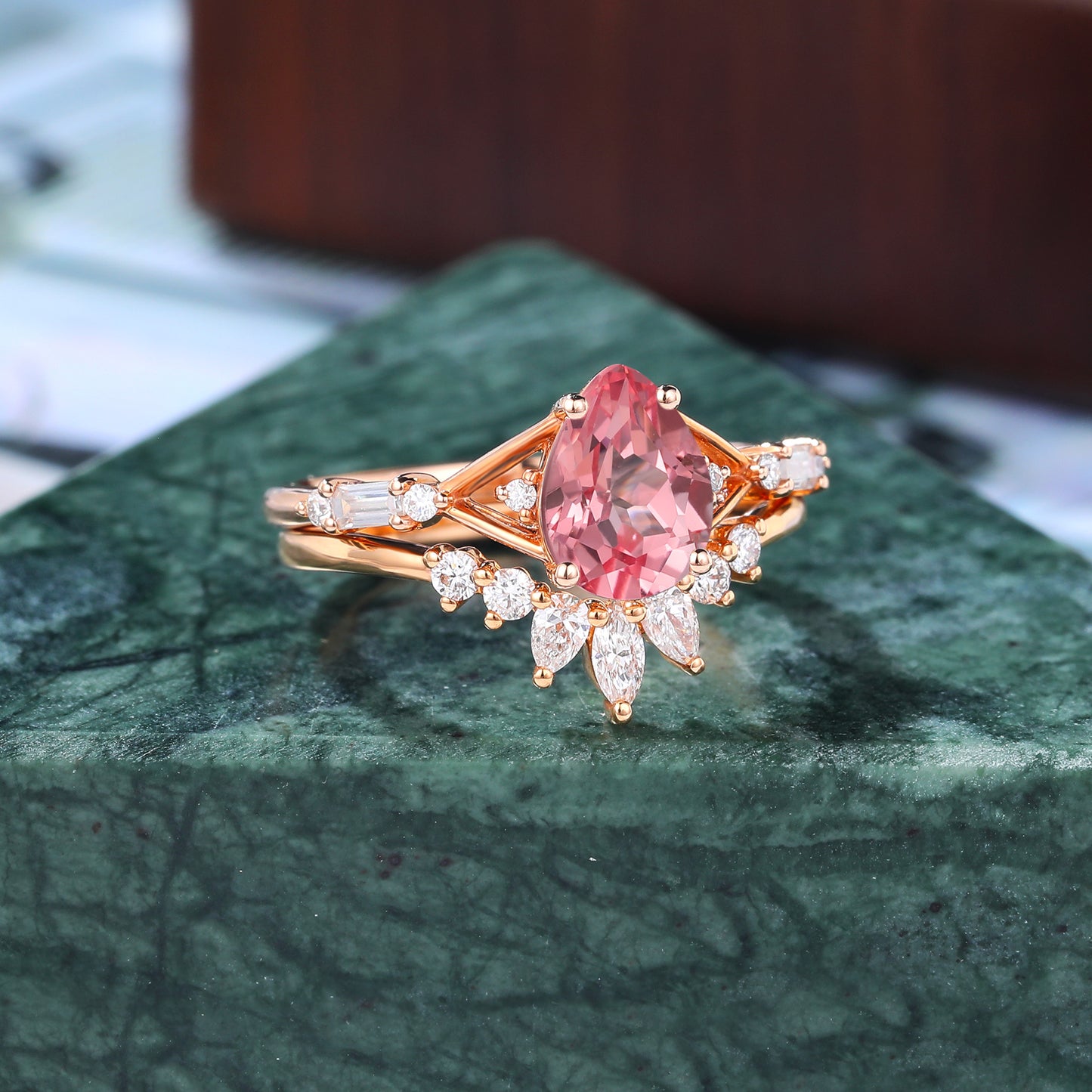 Vintage Pear shape Lab Pink Sapphire Engagement Ring Set Rose/white/yellow Gold S925/10k/14k/18k