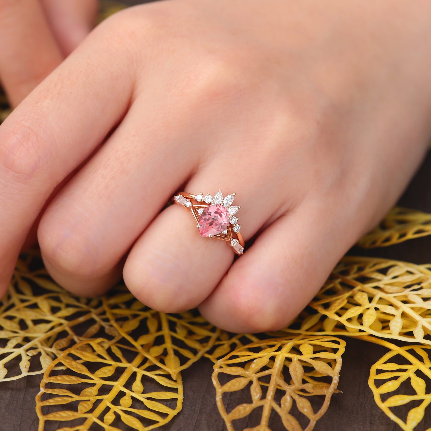 Vintage Pear shape Lab Pink Sapphire Engagement Ring Set Rose/white/yellow Gold S925/10k/14k/18k