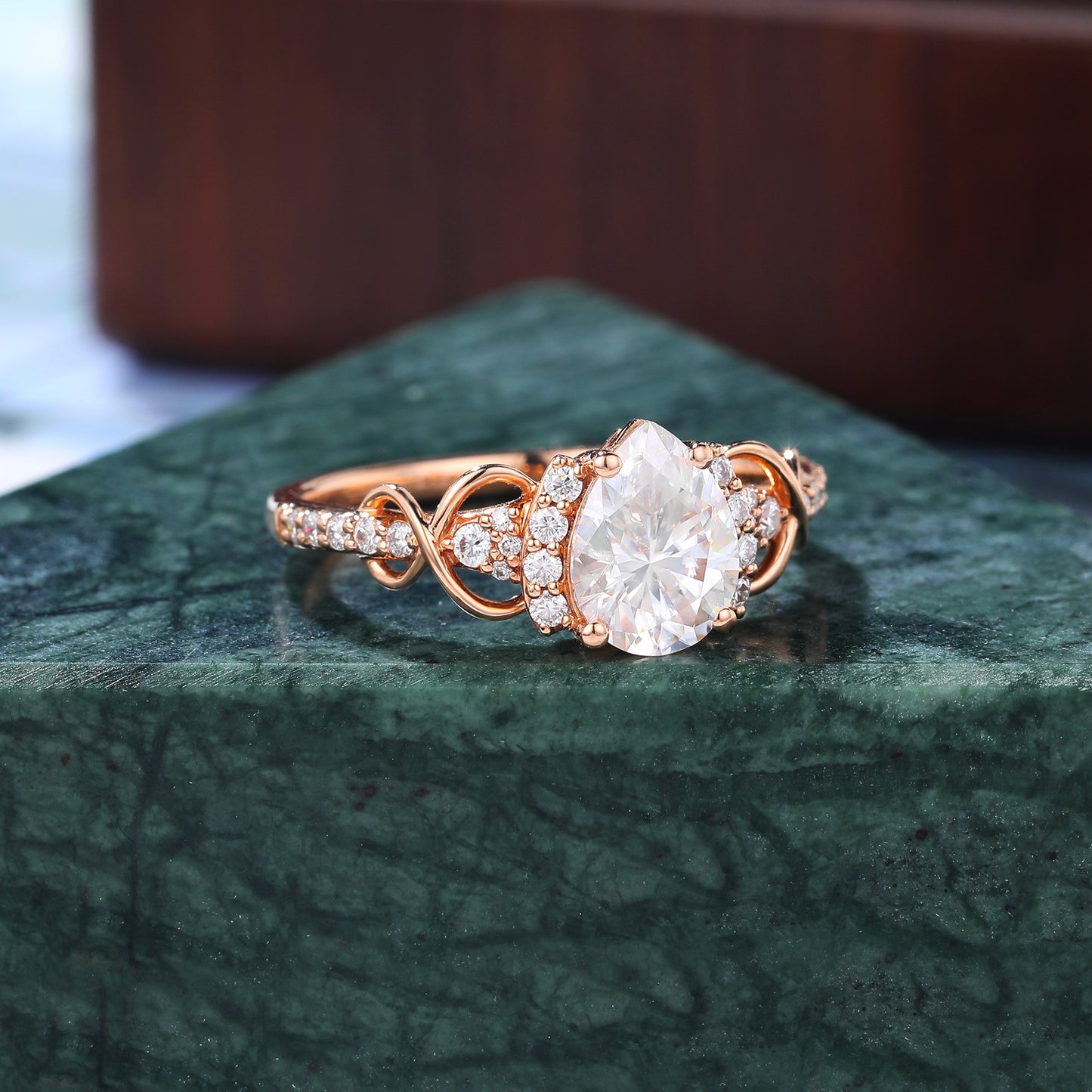 Pear shape moissanite rose gold engagement ring, 10k/14k/18k gold.