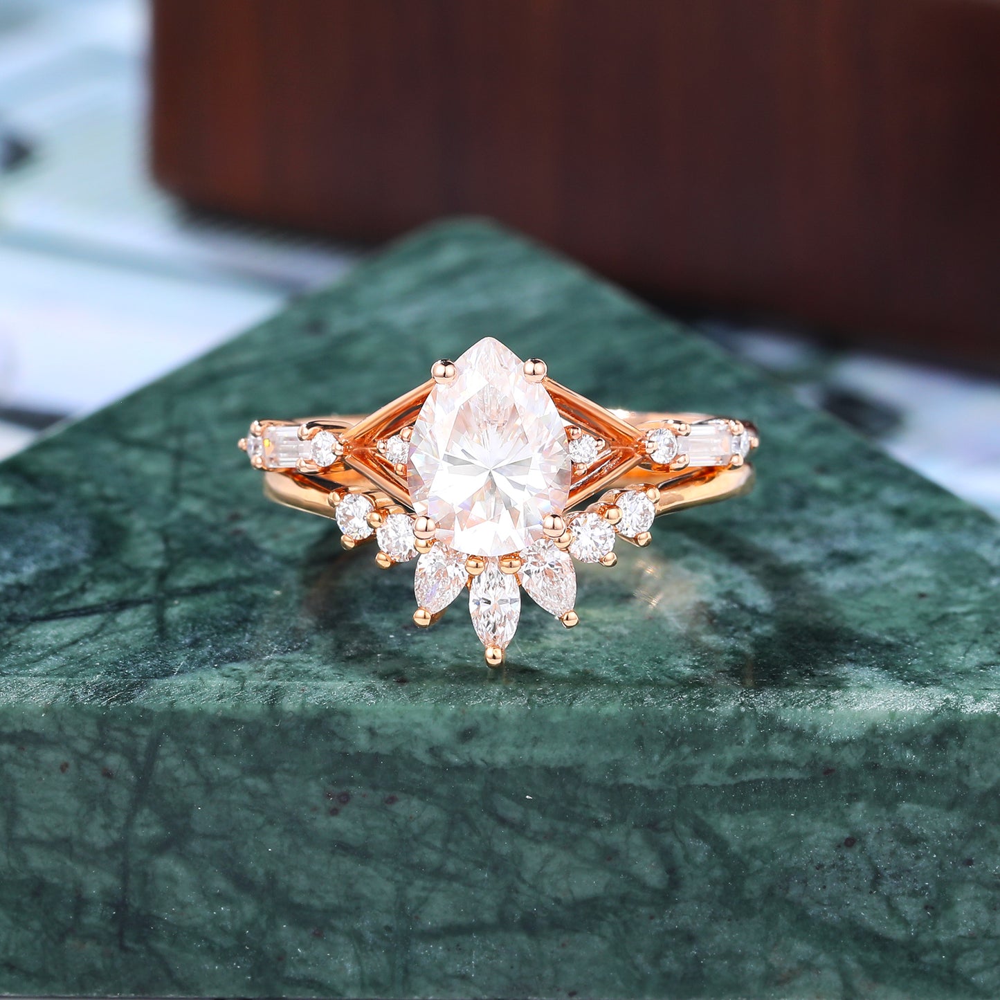 Vintage Pear shape Lab grown Diamond Engagement Ring Set, Rose/white/yellow Gold Bridal Wedding band S925/10K/14K/18K